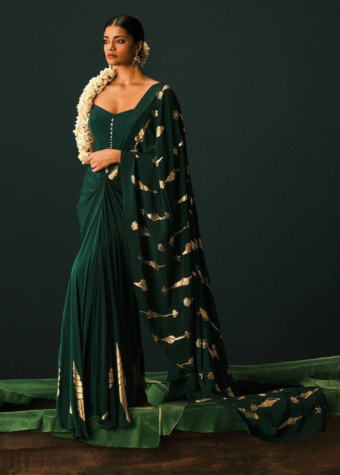 Emerald Green Pre-Draped Sari Gown Image - 0