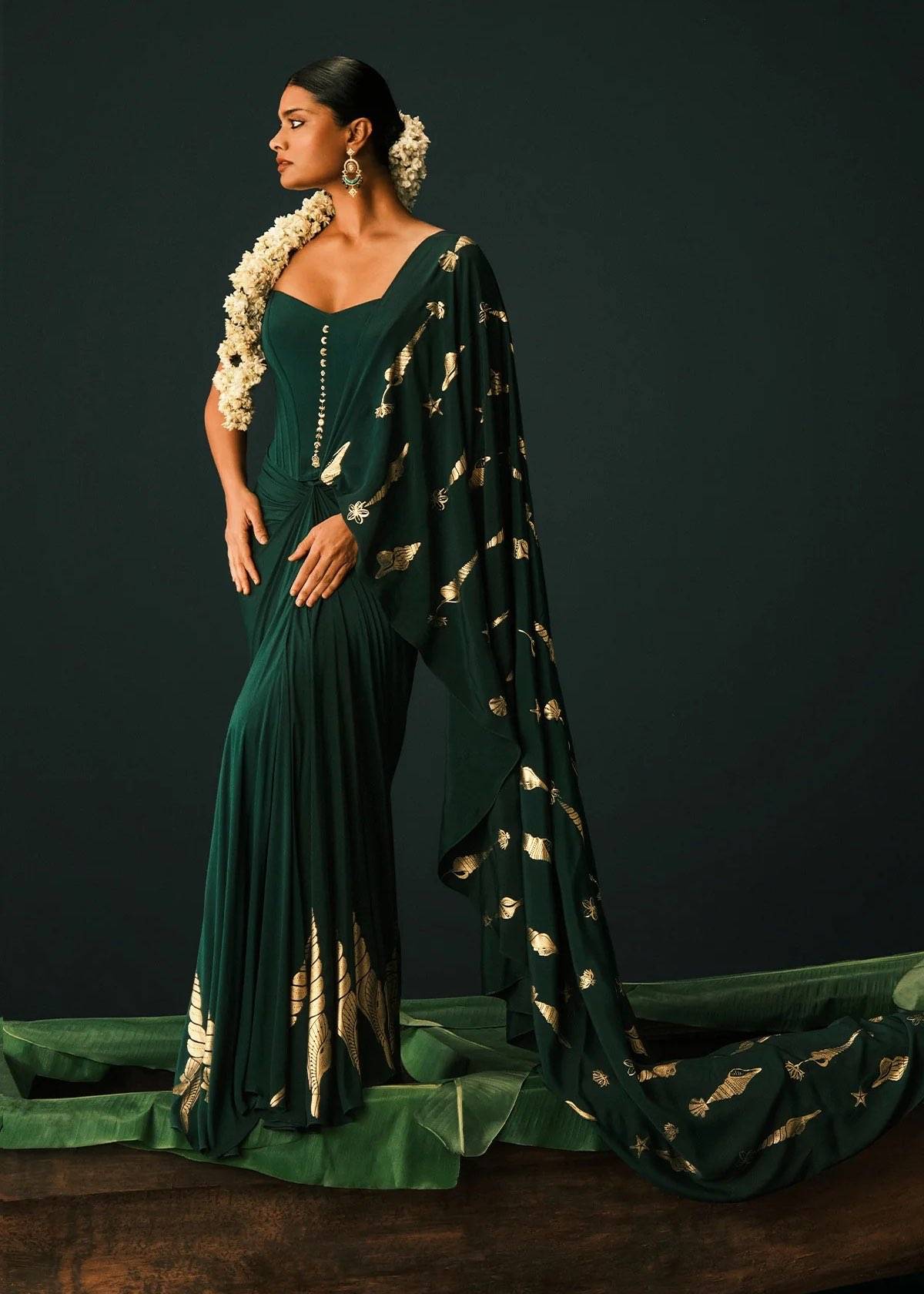 Emerald Green Pre-Draped Sari Gown Image - 1