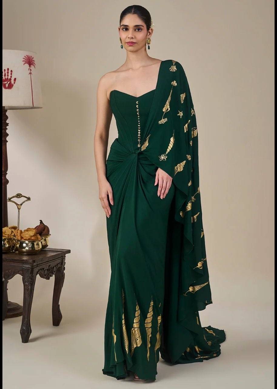 Emerald Green Pre-Draped Sari Gown Image - 2