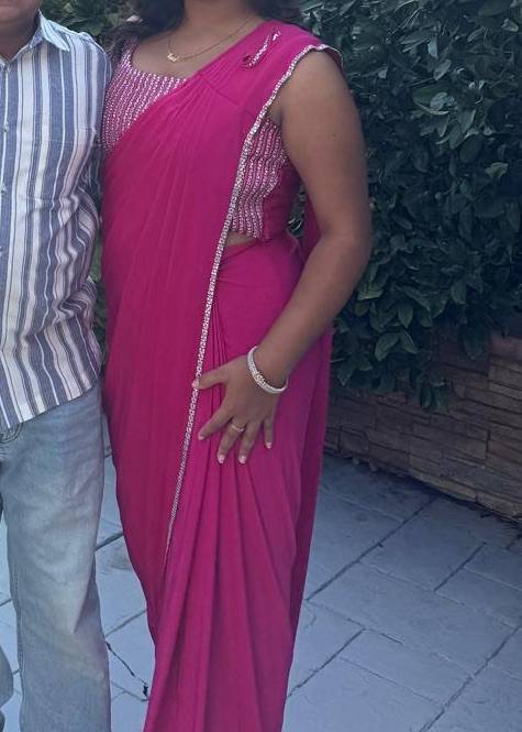 Pink Pre-Draped Sequin Sari Image - 2