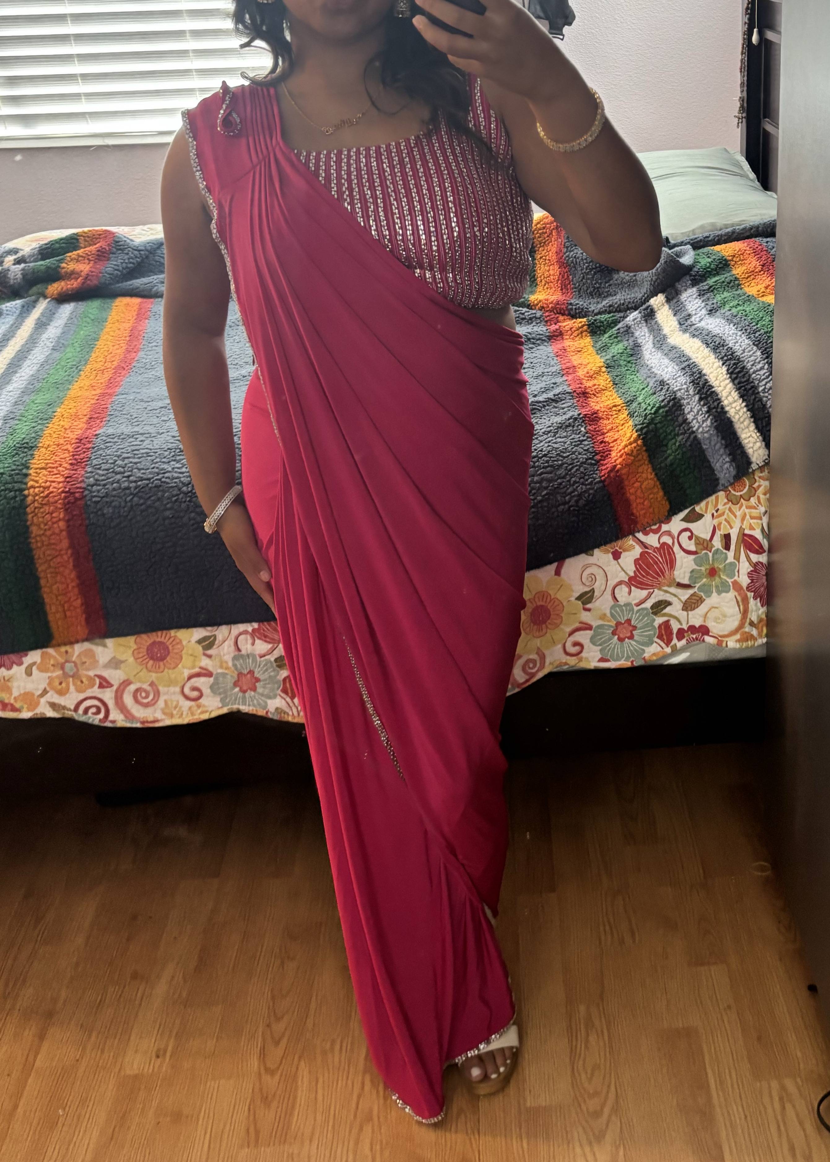 Pink Pre-Draped Sequin Sari Image - 1