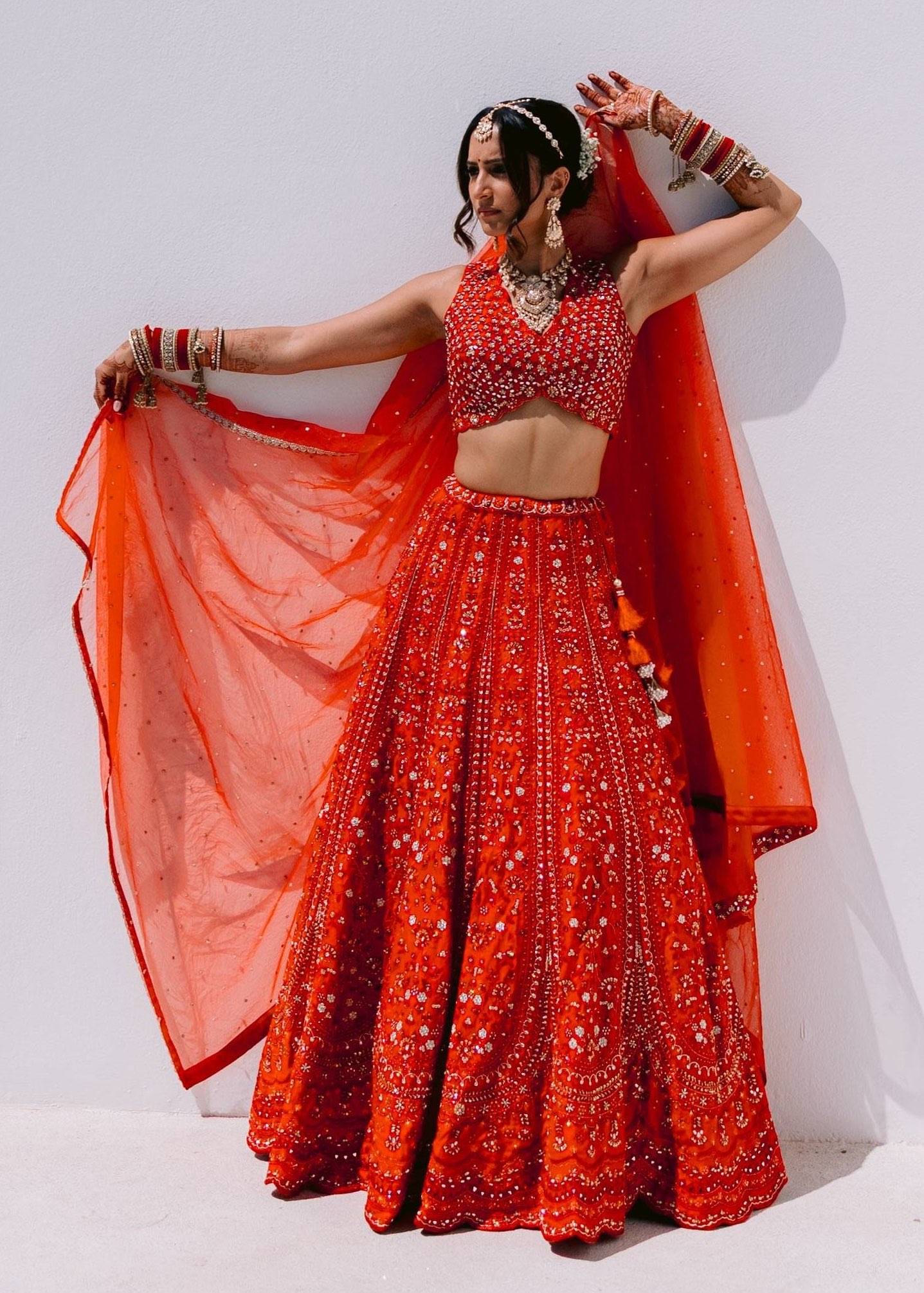 Red Mirror Work Bridal Lehenga Image - 0