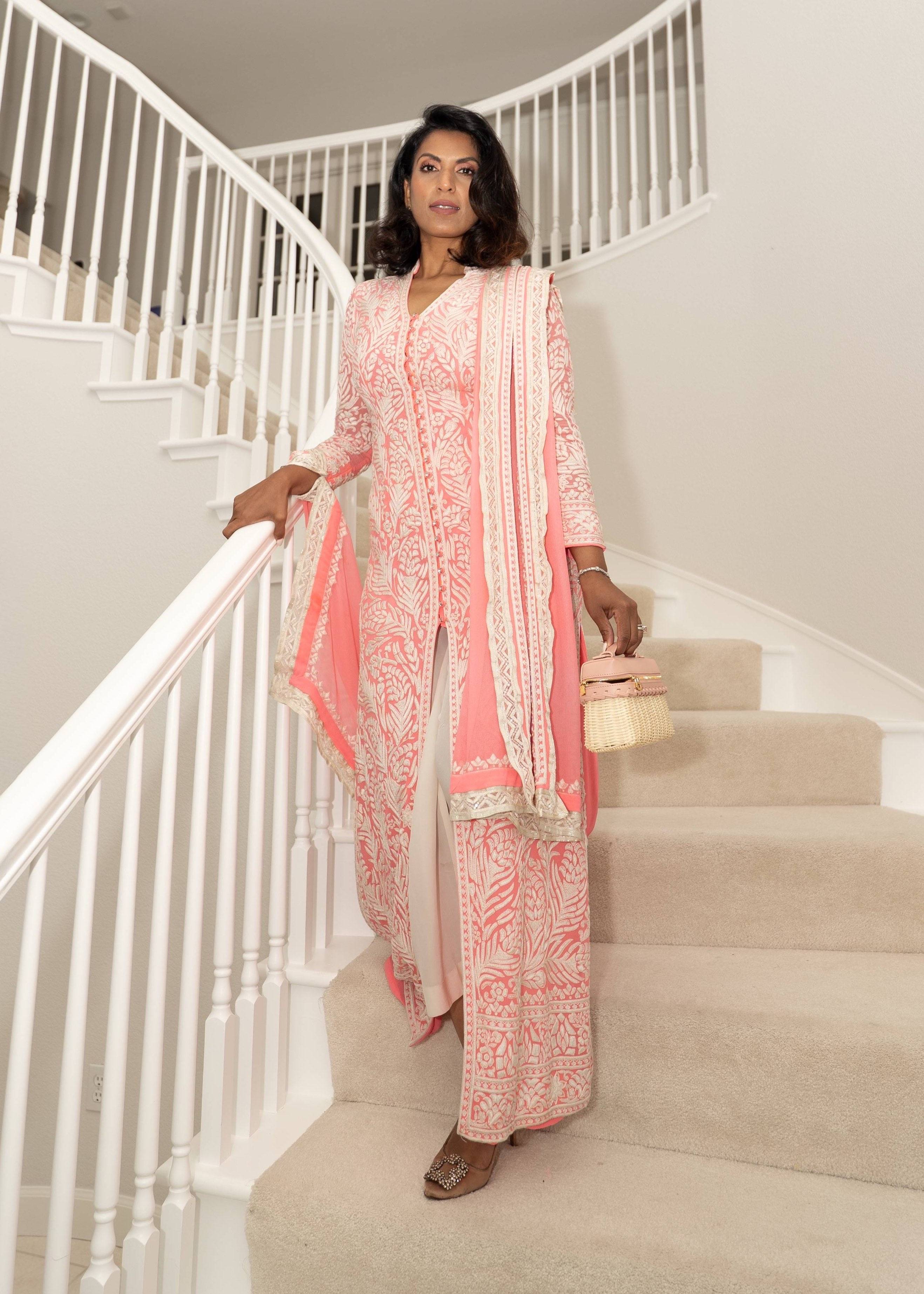 Coral Chikankari Anarkali Set Image - 0