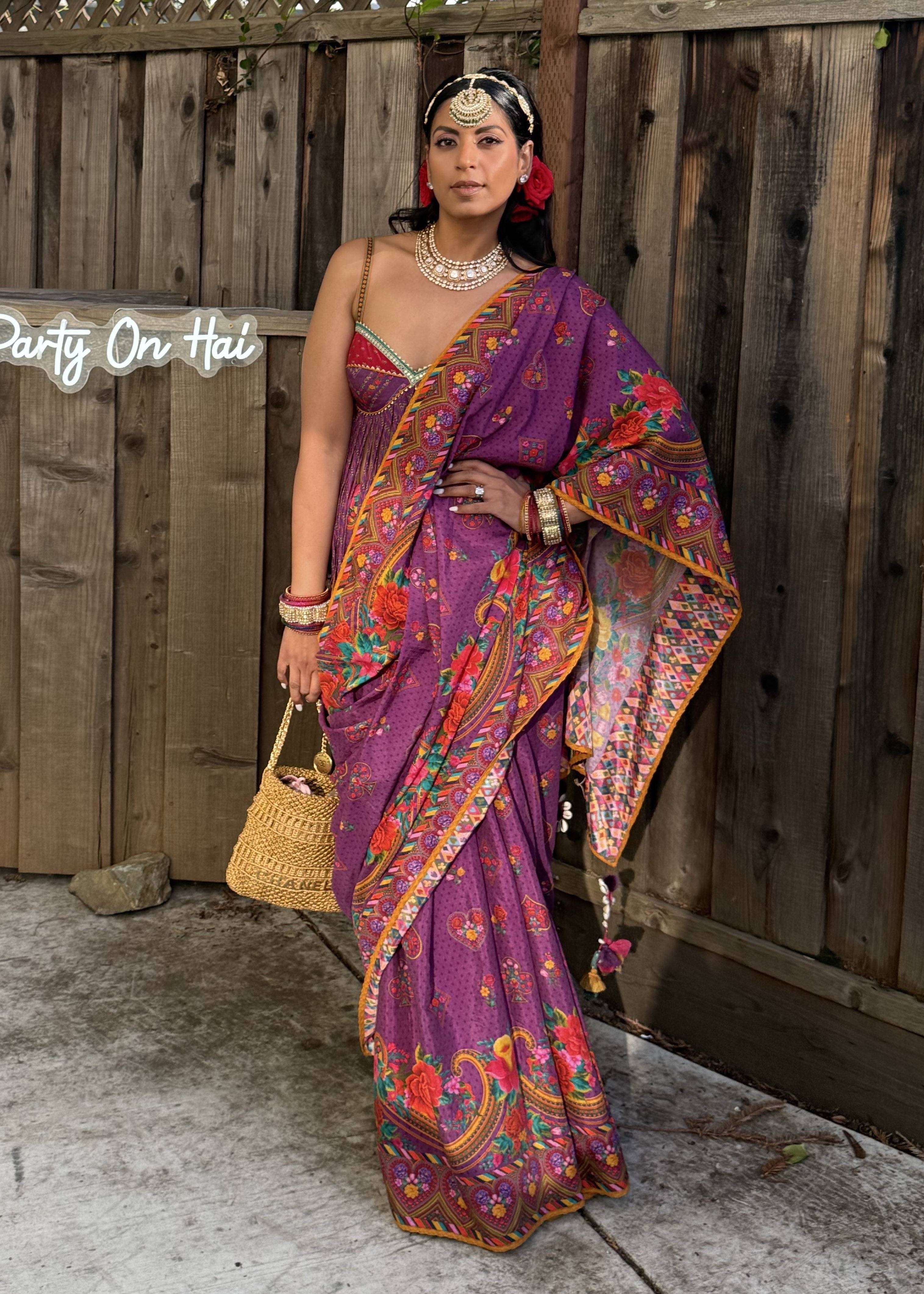 Purple Floral Printed Sari Image - 0