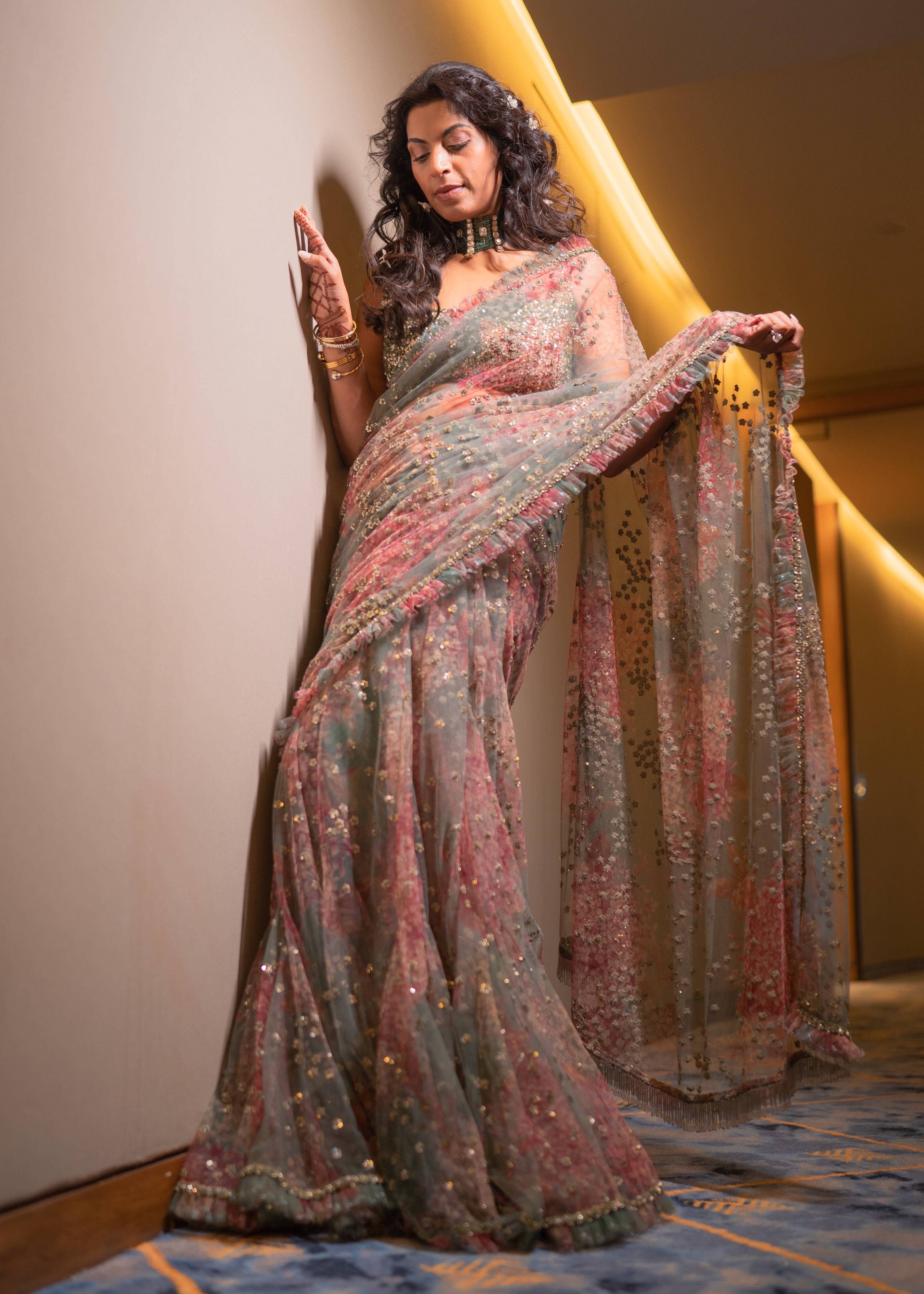 Sage Green Floral Net Sari Image - 0