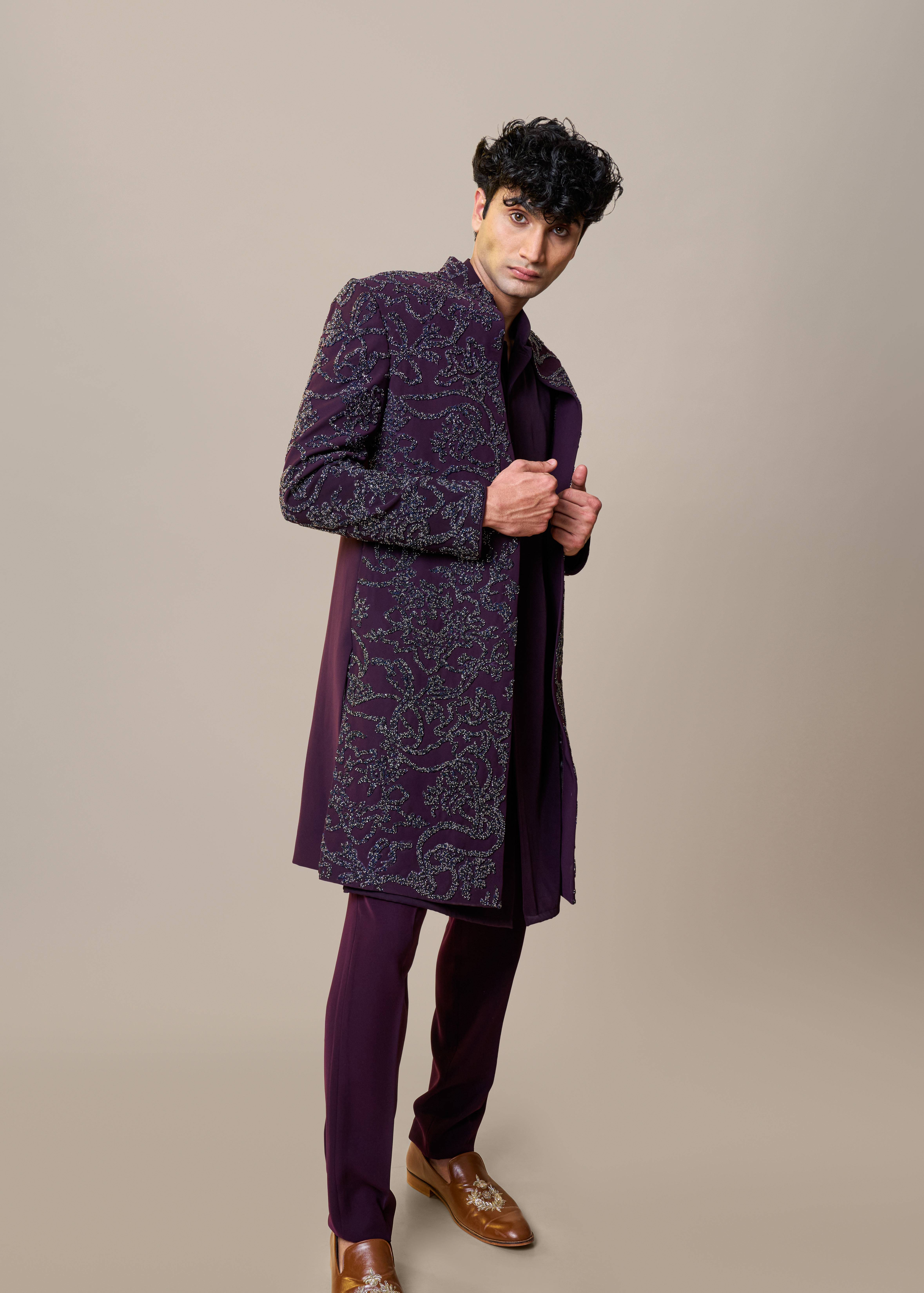 Purple Zardozi Embroidered Sherwani Set Image - 3