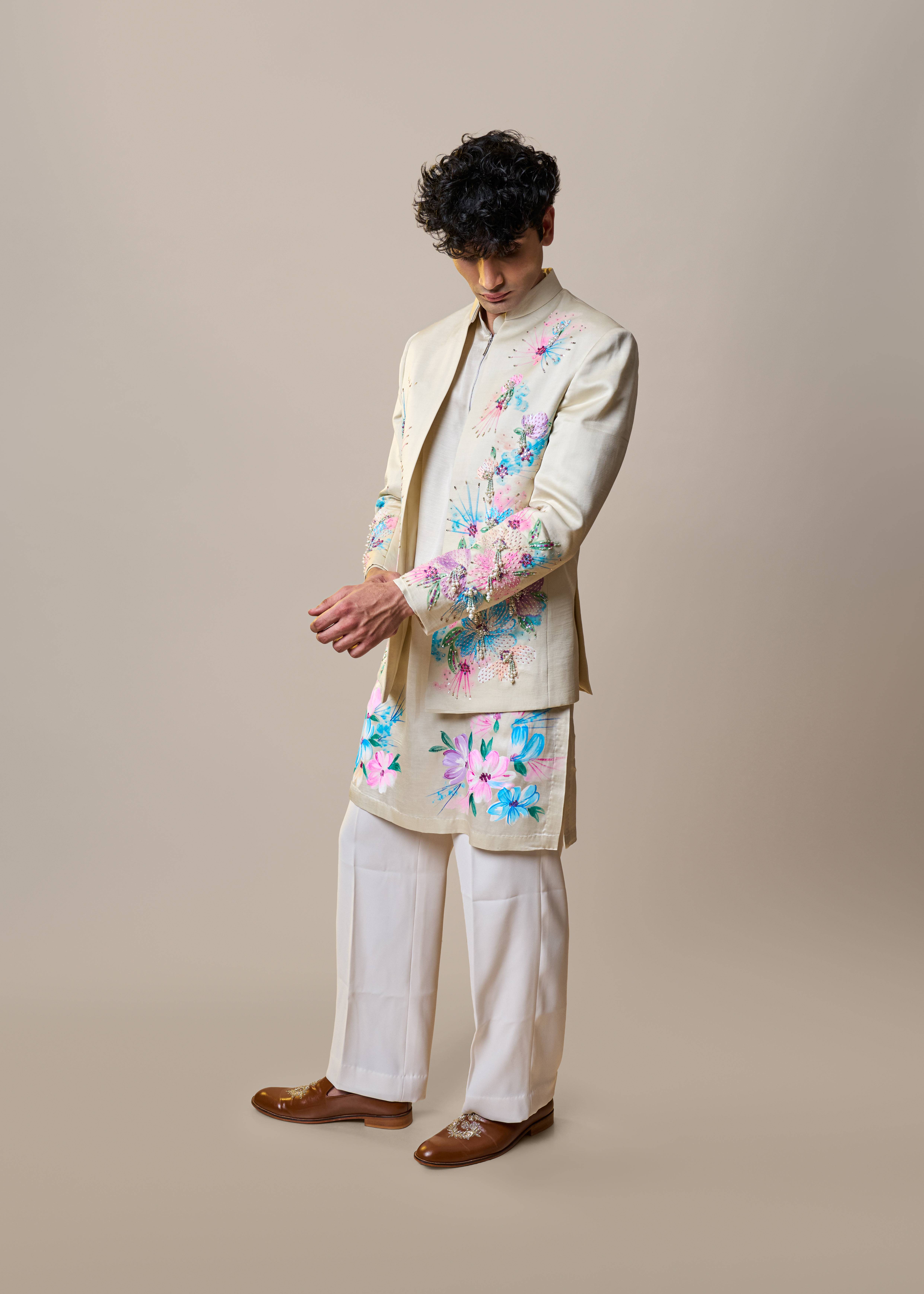 Hand-Painted Floral Kurta Set Image - 3