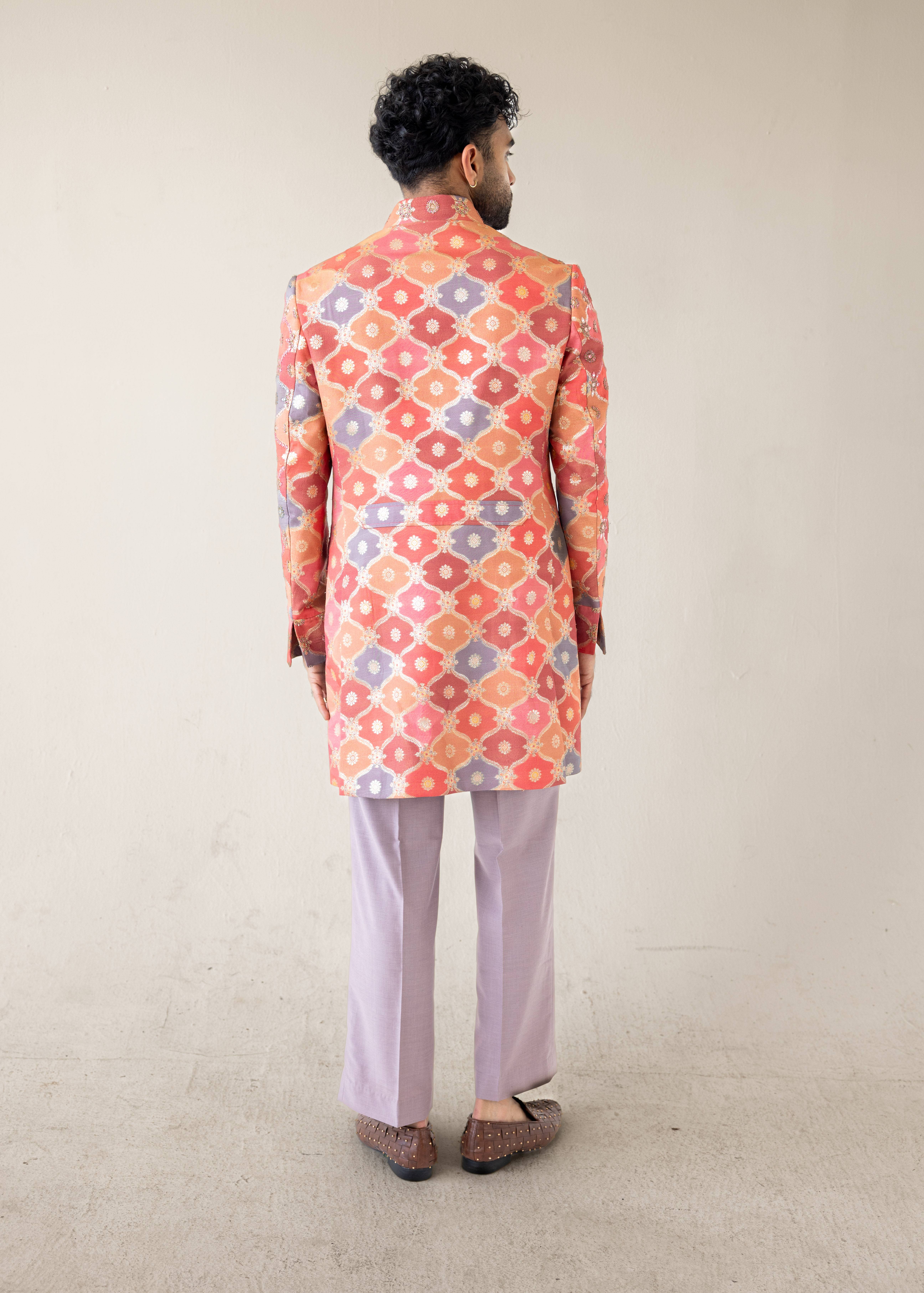 Coral Clash Mirrorwork Sherwani Set Image - 4