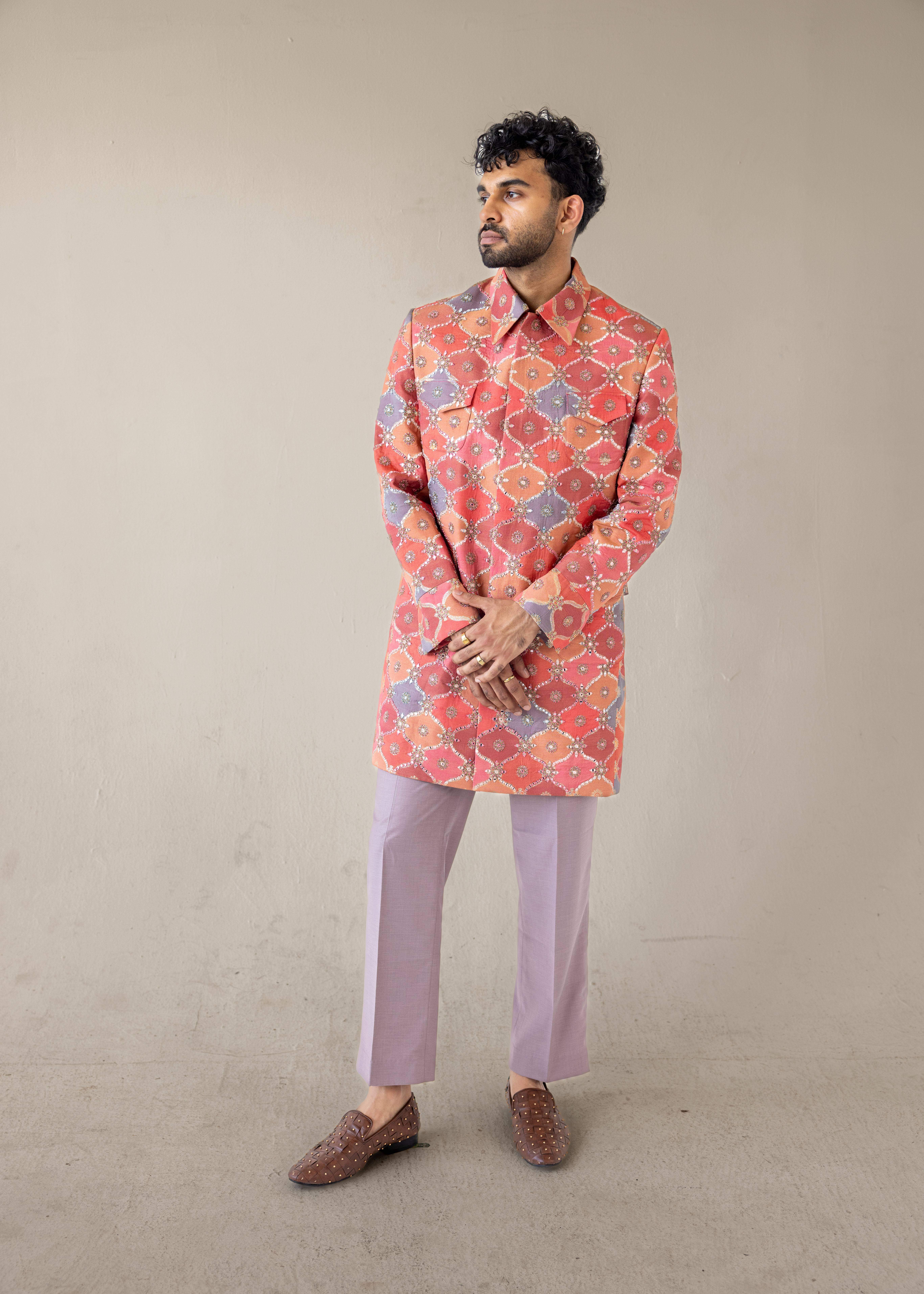 Coral Clash Mirrorwork Sherwani Set Image - 0
