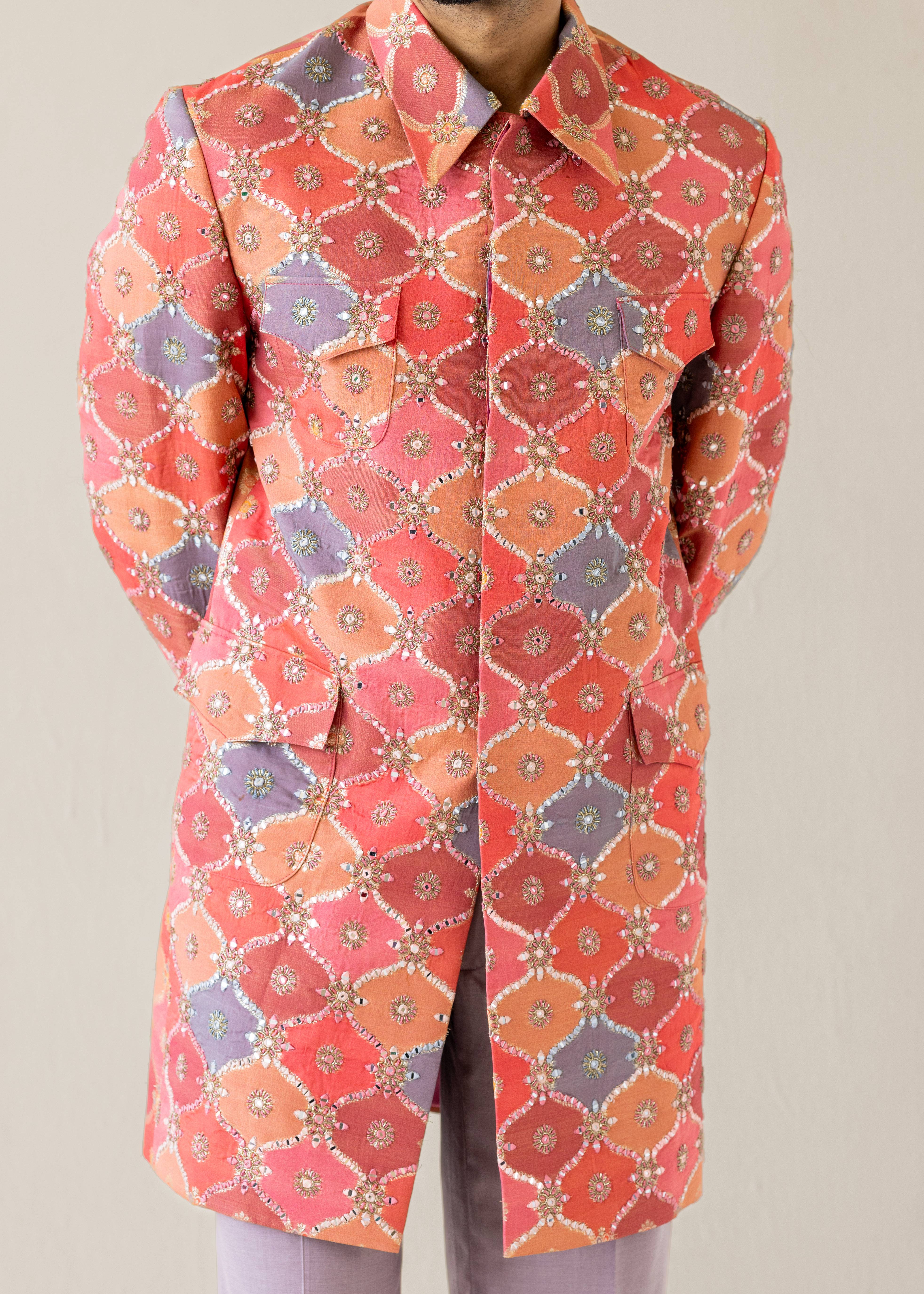 Coral Clash Mirrorwork Sherwani Set Image - 2