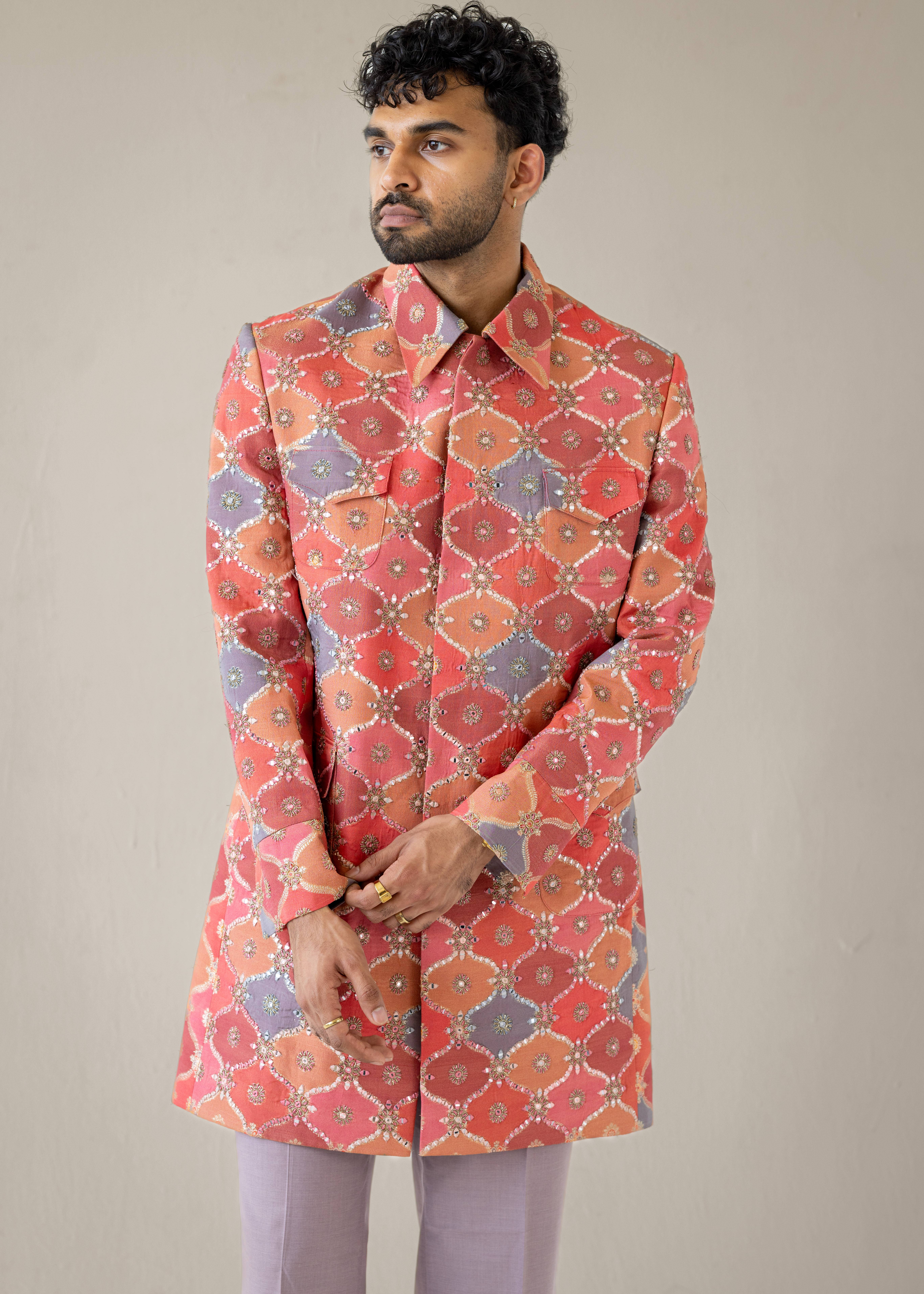 Coral Clash Mirrorwork Sherwani Set Image - 1