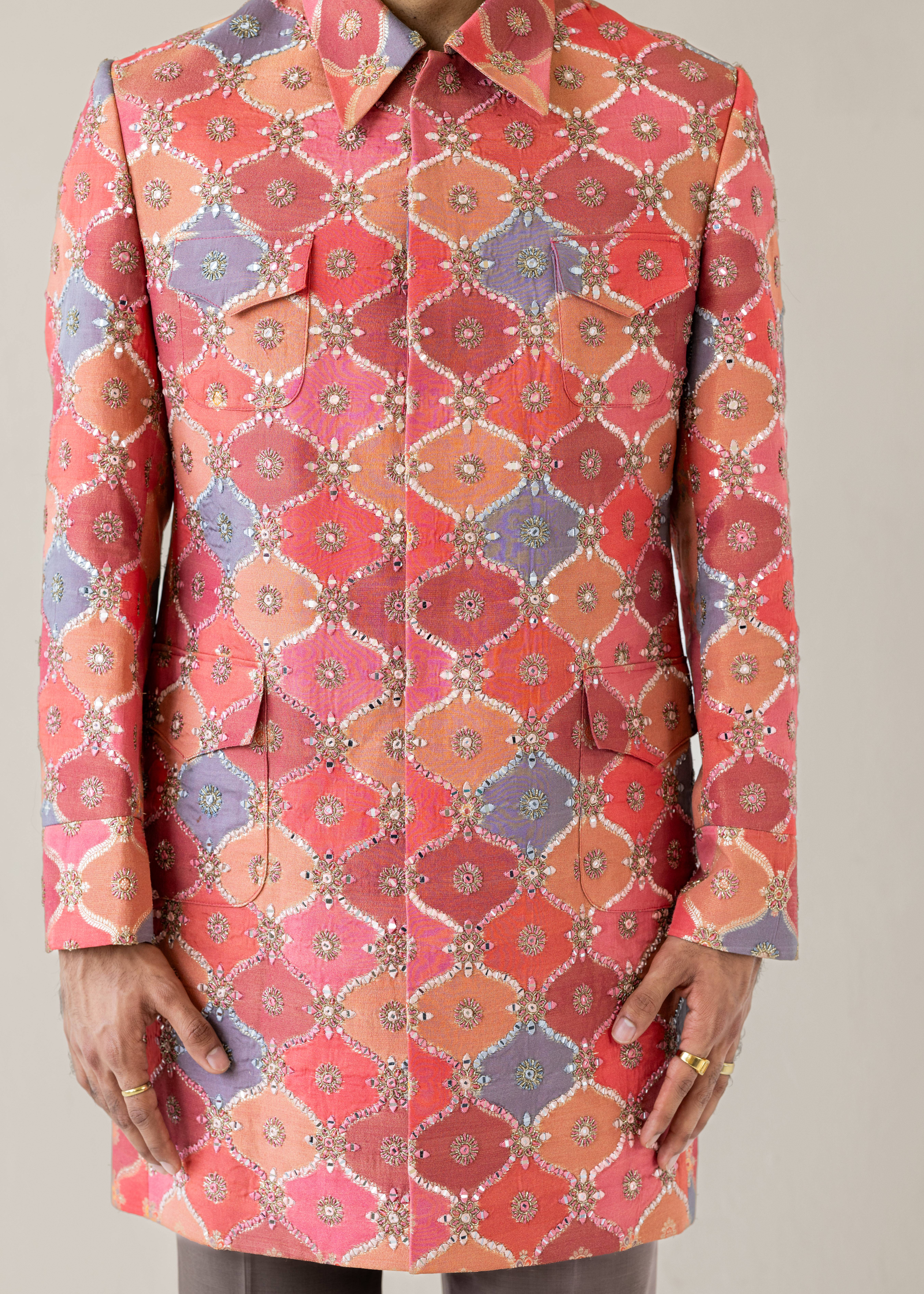 Coral Clash Mirrorwork Sherwani Set Image - 3