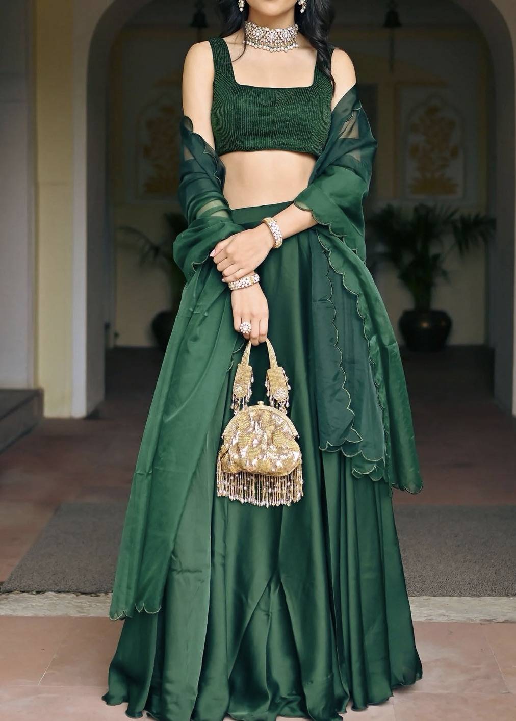 Emerald Green Organza Lehenga Image - 0