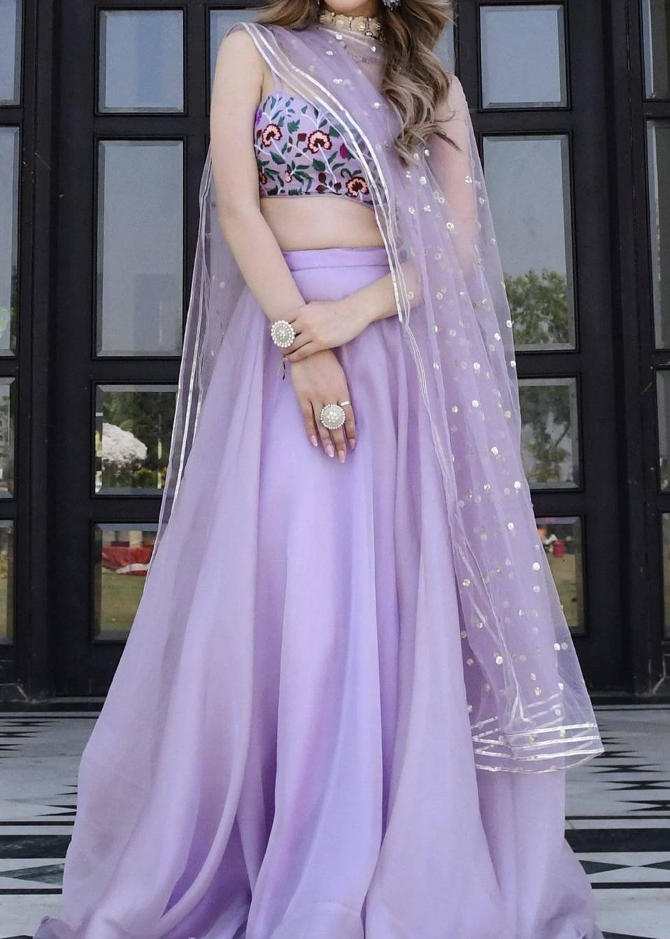 Lilac Organza Embroidered Lehenga Image - 0