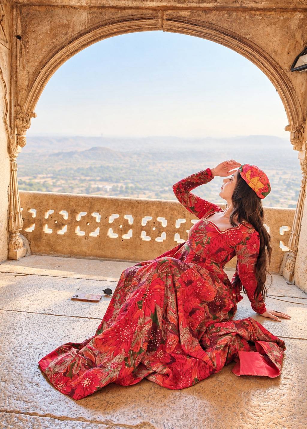 Red Floral Printed Anarkali Gown Image - 2