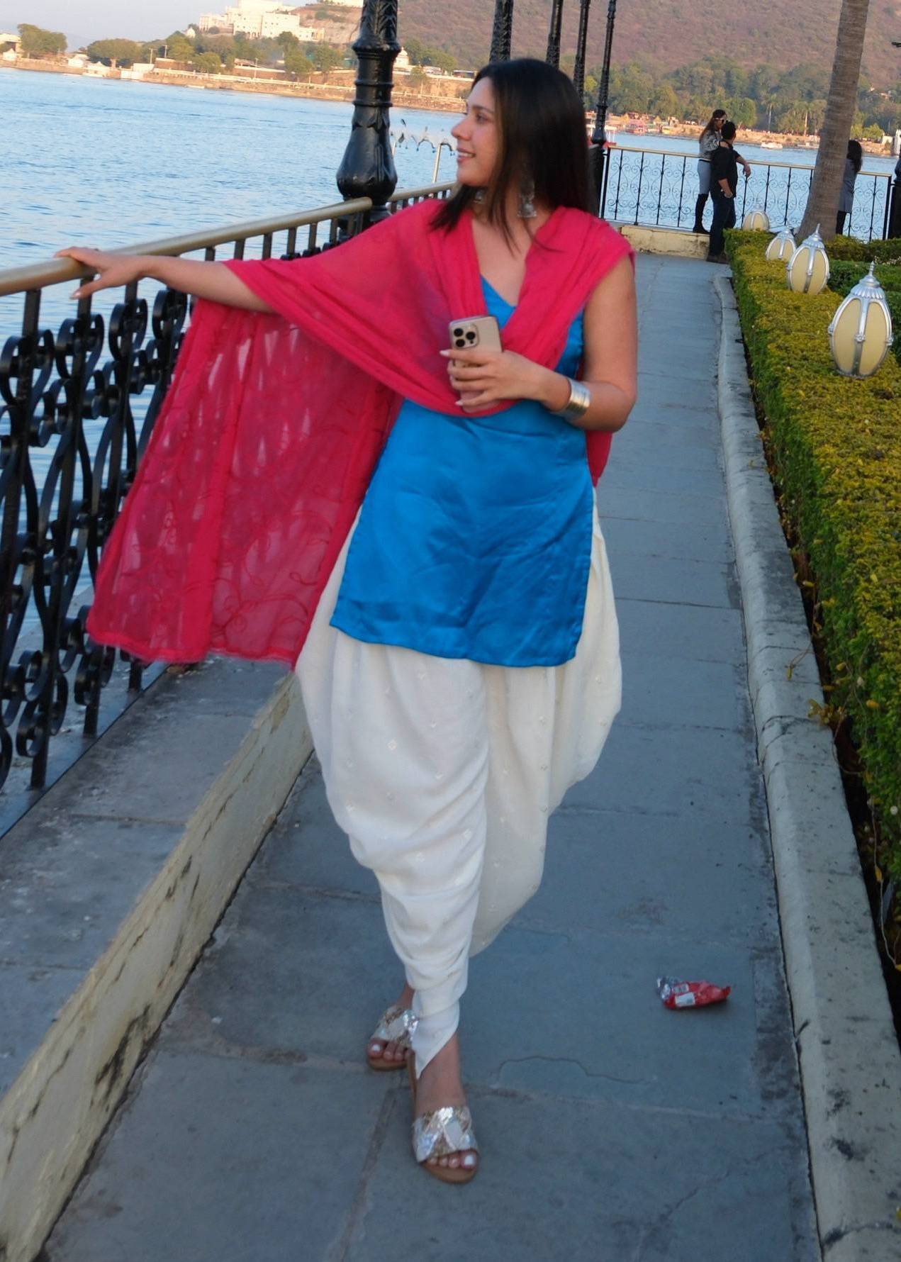 Blue Kurti with White Patiala Salwar and Pink Dupatta Image - 0