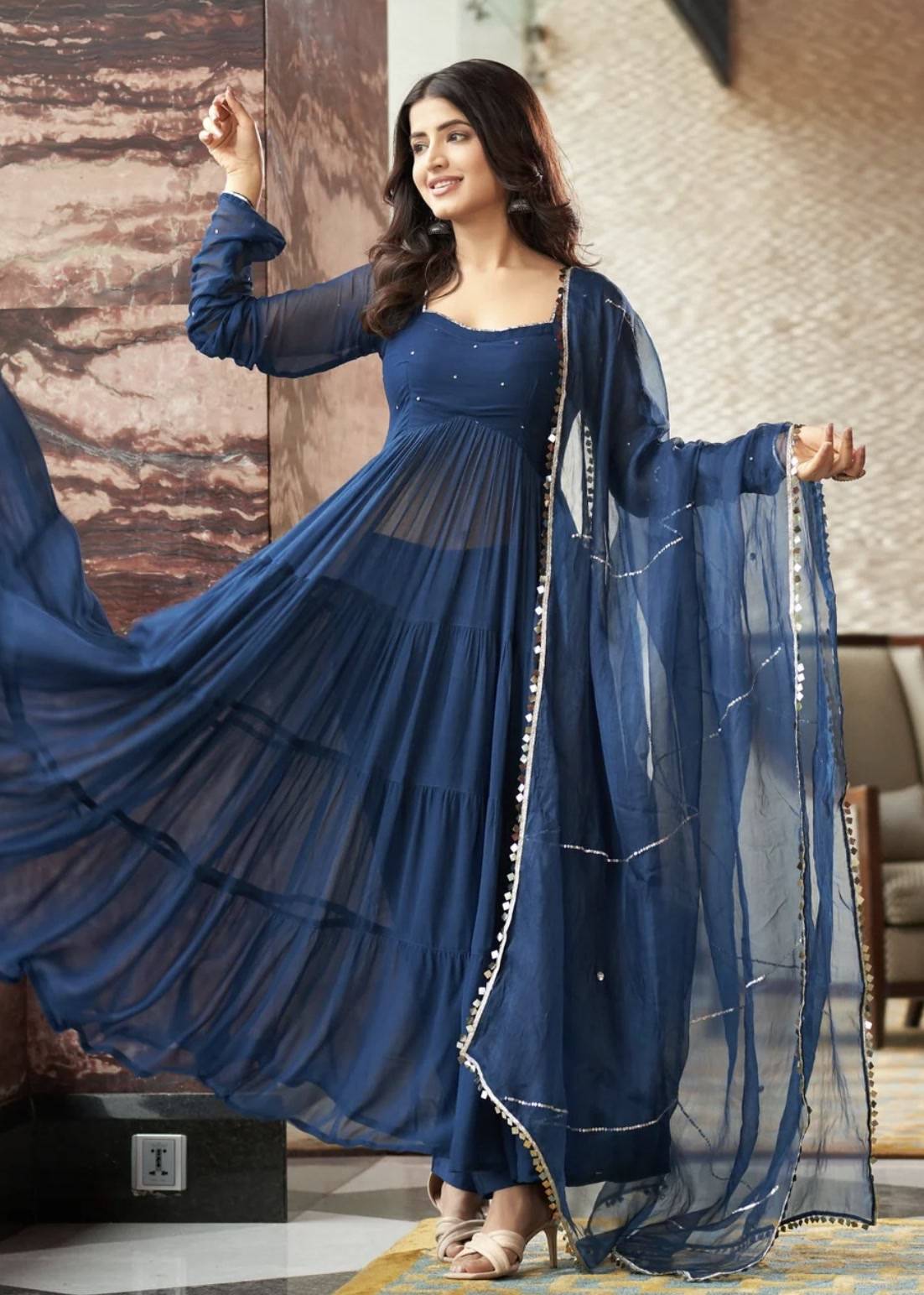 Navy Tiered Anarkali Image - 2