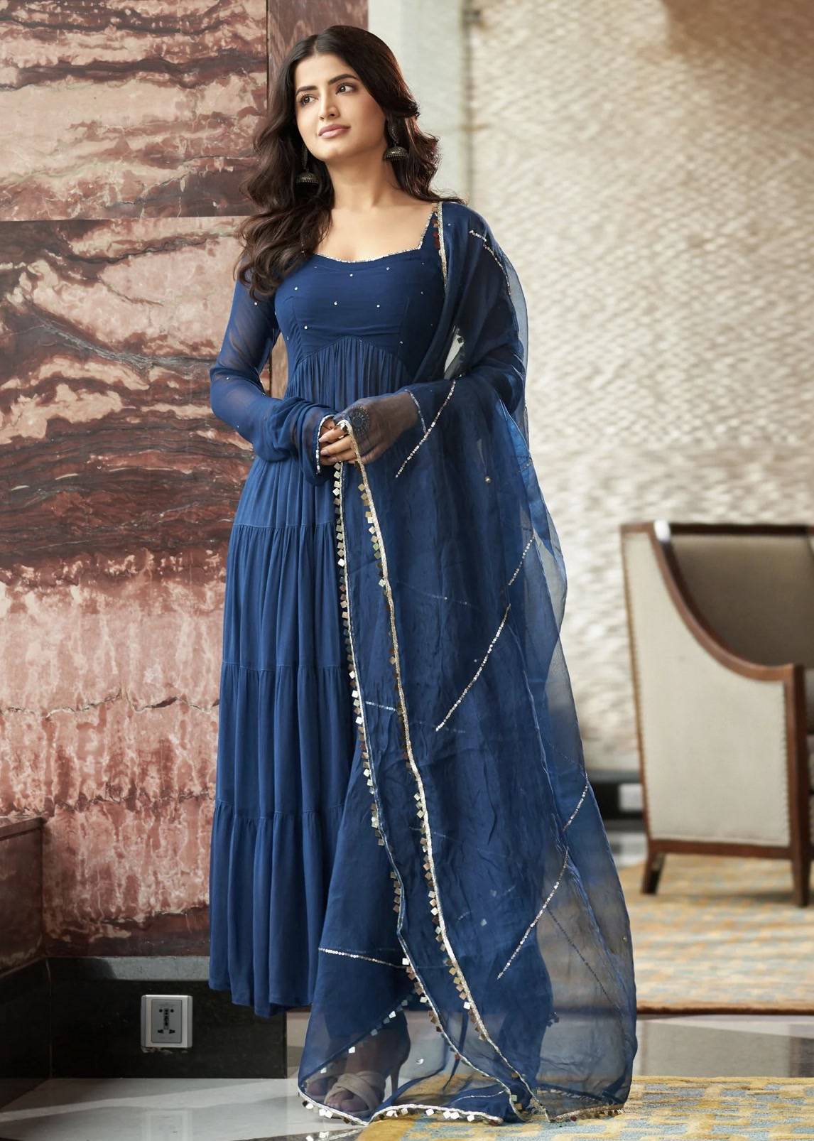 Navy Tiered Anarkali Image - 0