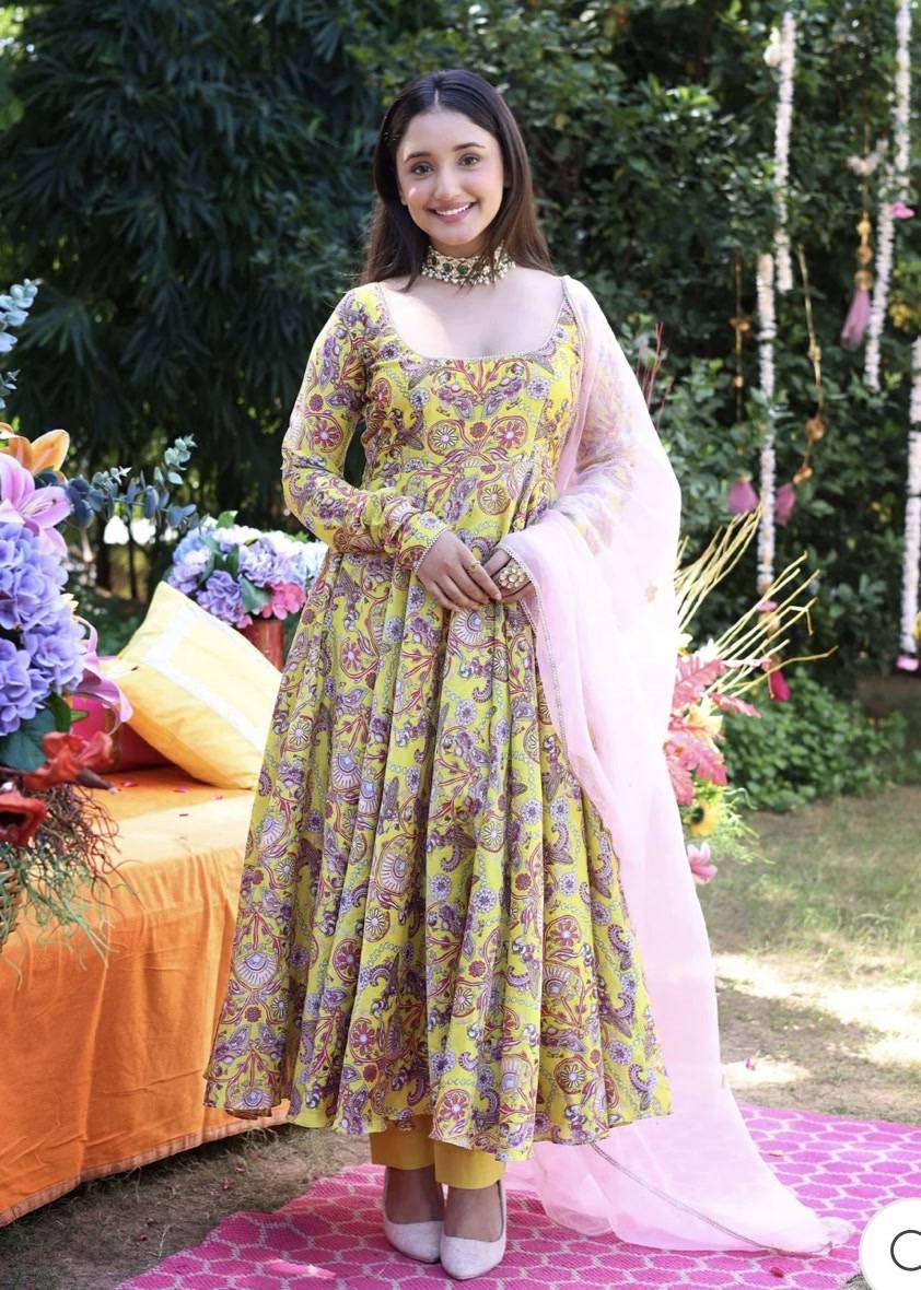 Yellow Printed Chanderi Anarkali Image - 0