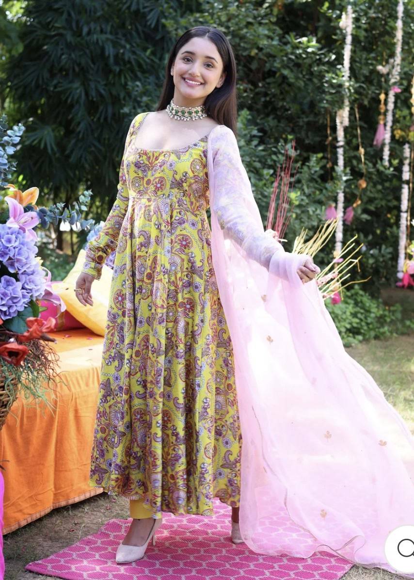 Yellow Printed Chanderi Anarkali Image - 1