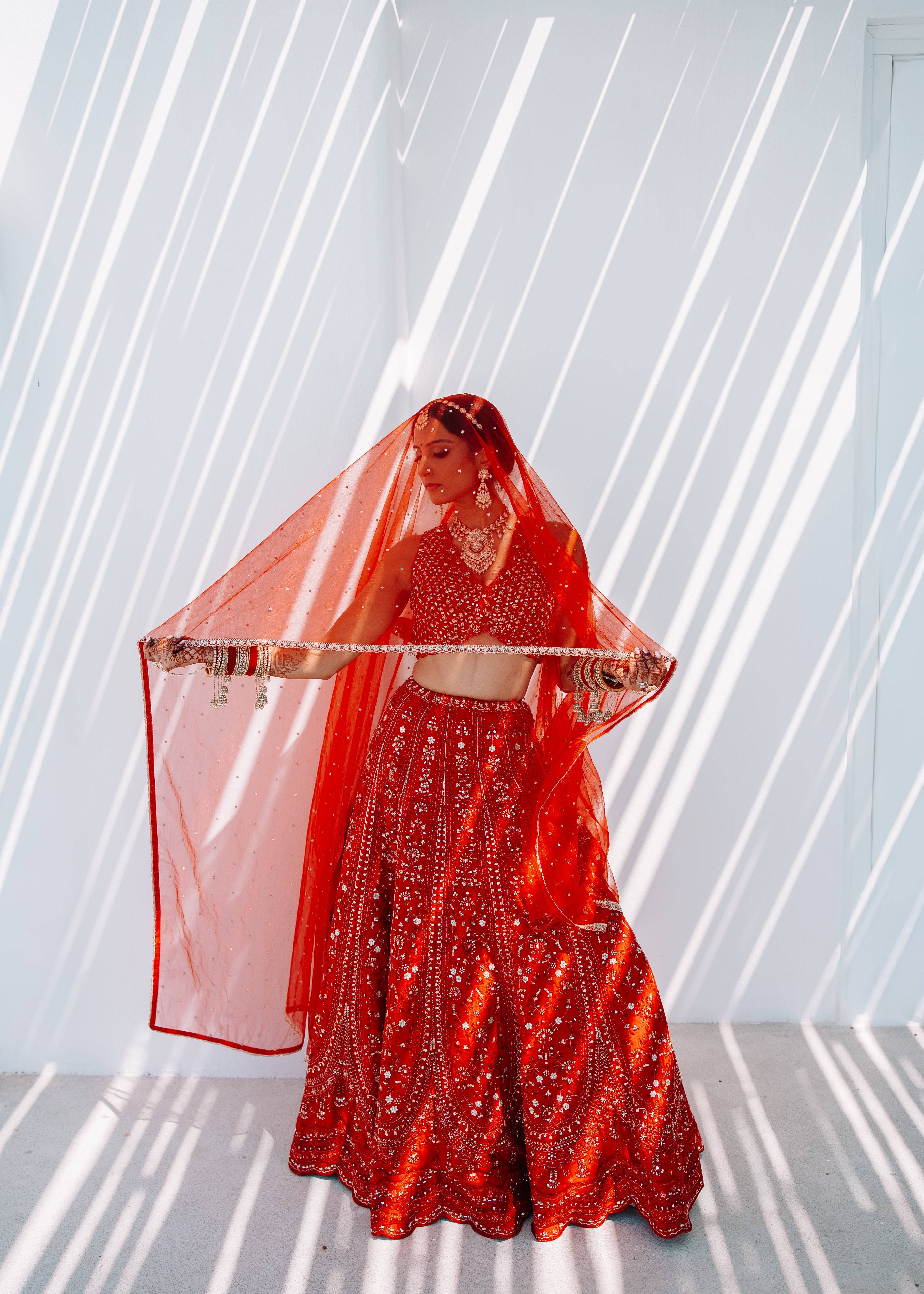 Red Mirror Work Bridal Lehenga Image - 1