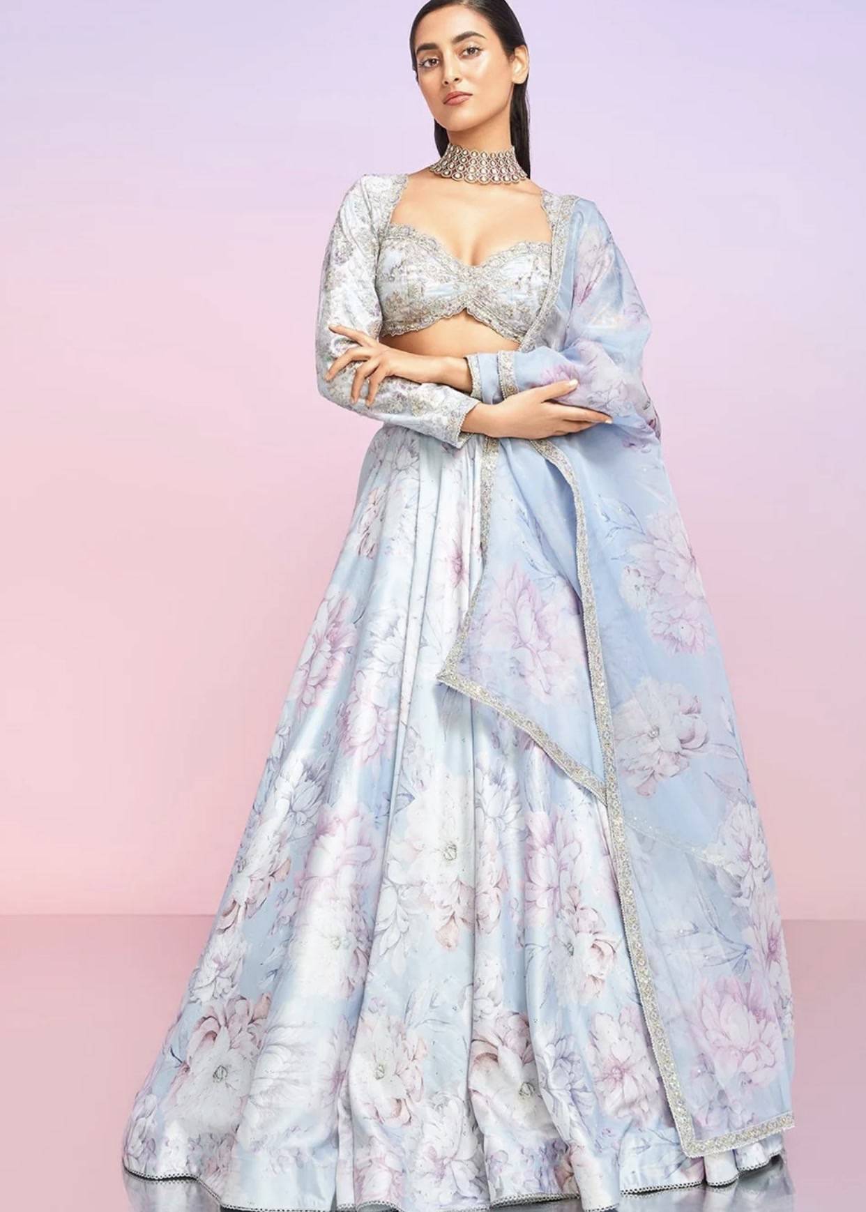 Periwinkle Floral Embellished Lehenga Image - 5