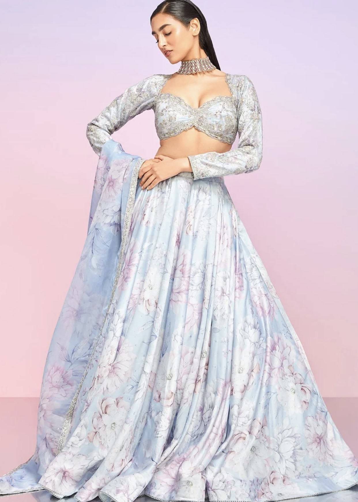 Periwinkle Floral Embellished Lehenga Image - 3
