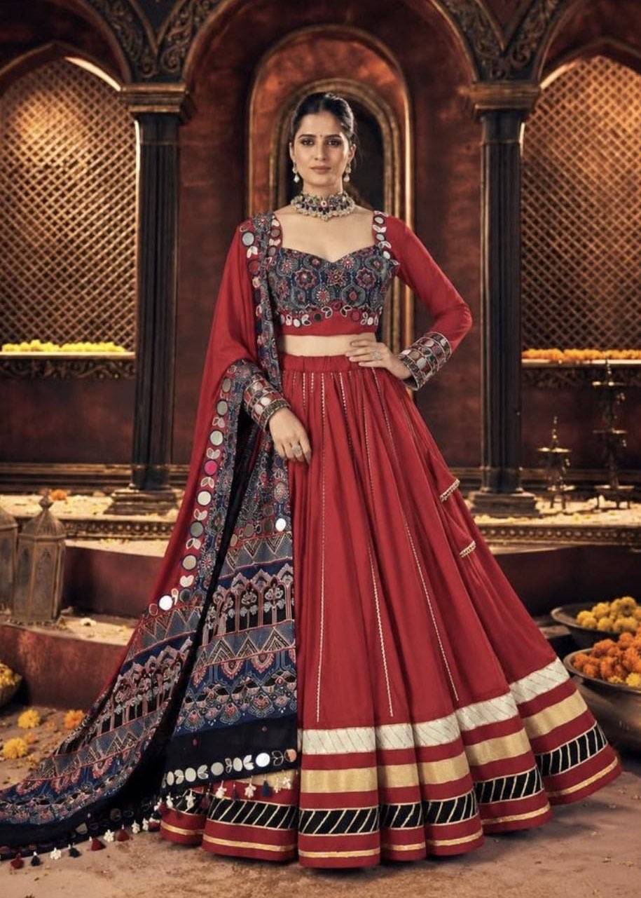 Red Embroidered Mirrorwork Lehenga Image - 0