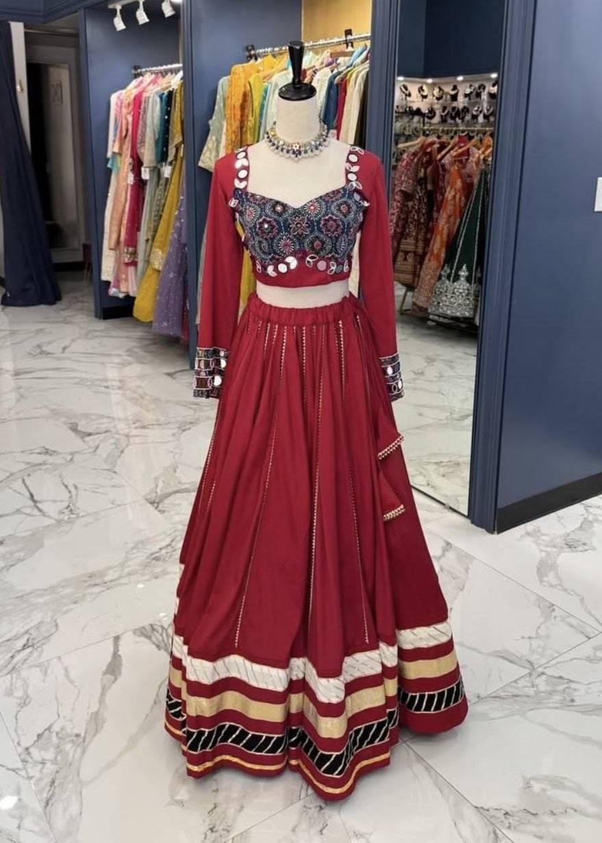 Red Embroidered Mirrorwork Lehenga Image - 1