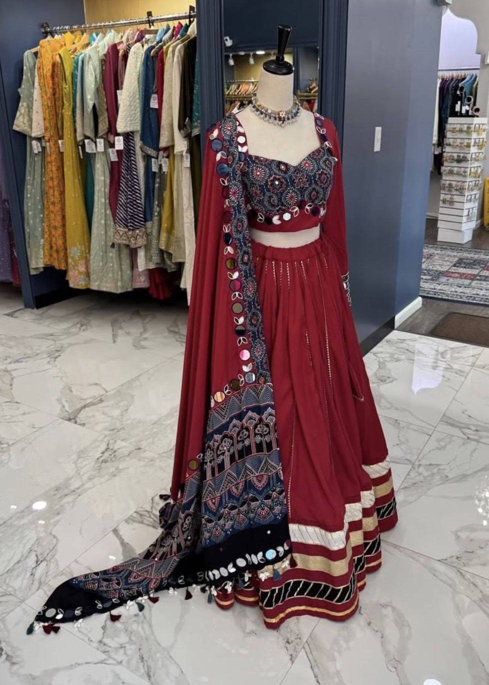 Red Embroidered Mirrorwork Lehenga Image - 2