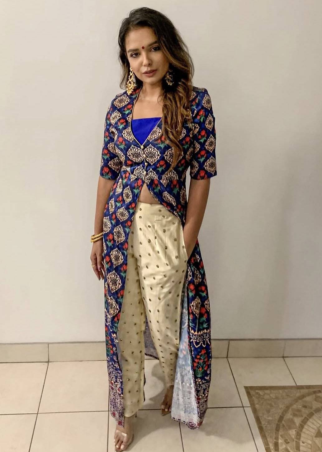 Navy Printed Jacket Set with Ivory Palazzo Image - 0