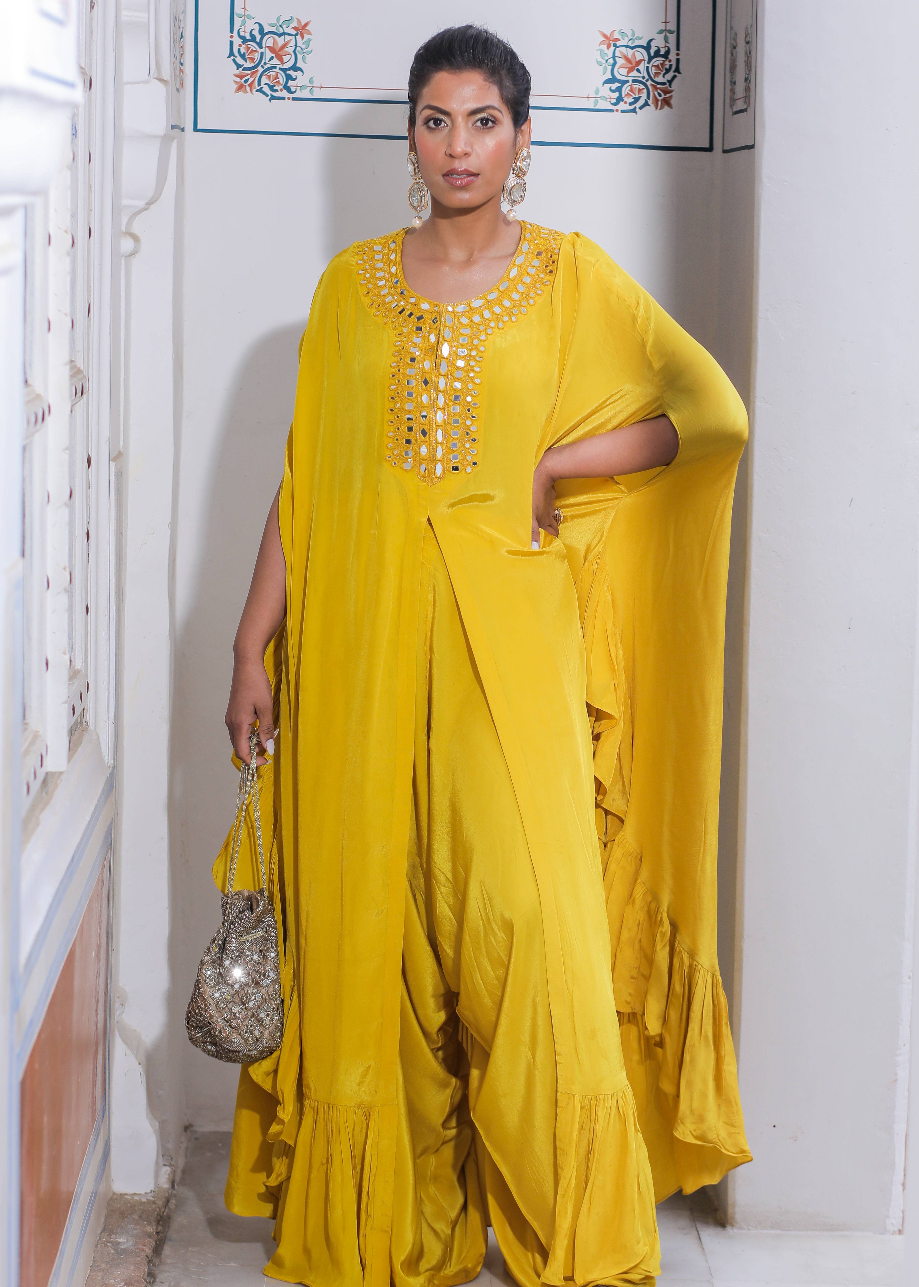 Mustard Mirror Work Cape Set Image - 0