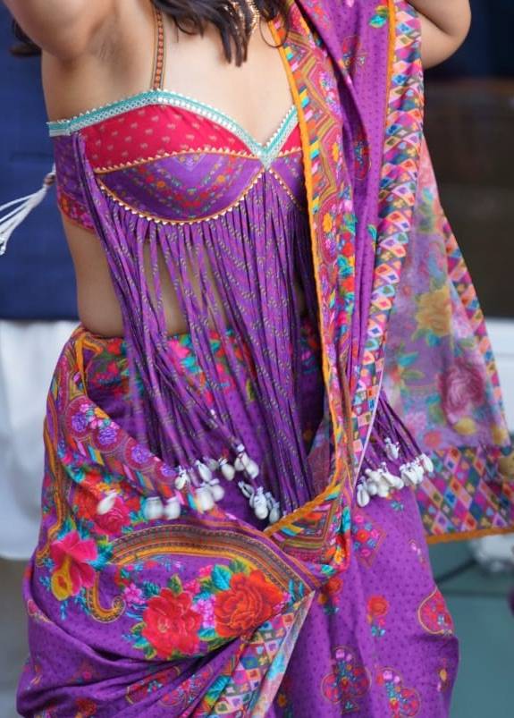 Purple Floral Printed Sari Image - 5