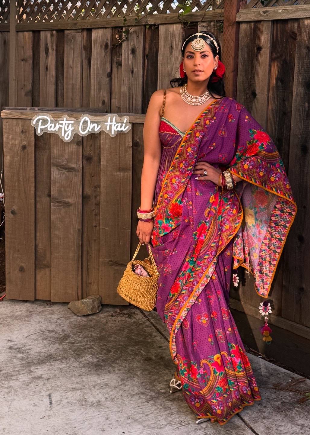 Purple Floral Printed Sari Image - 4