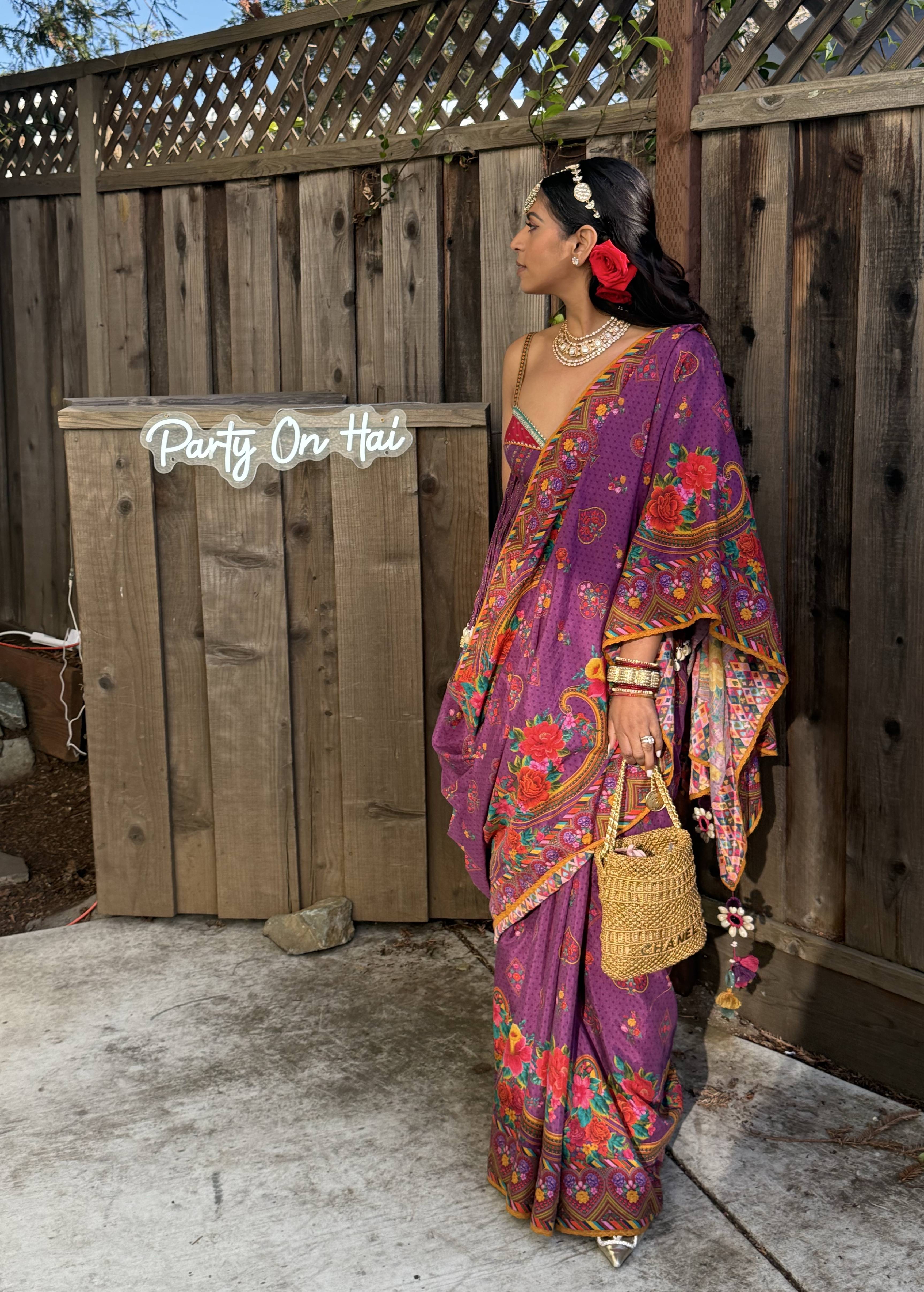 Purple Floral Printed Sari Image - 2