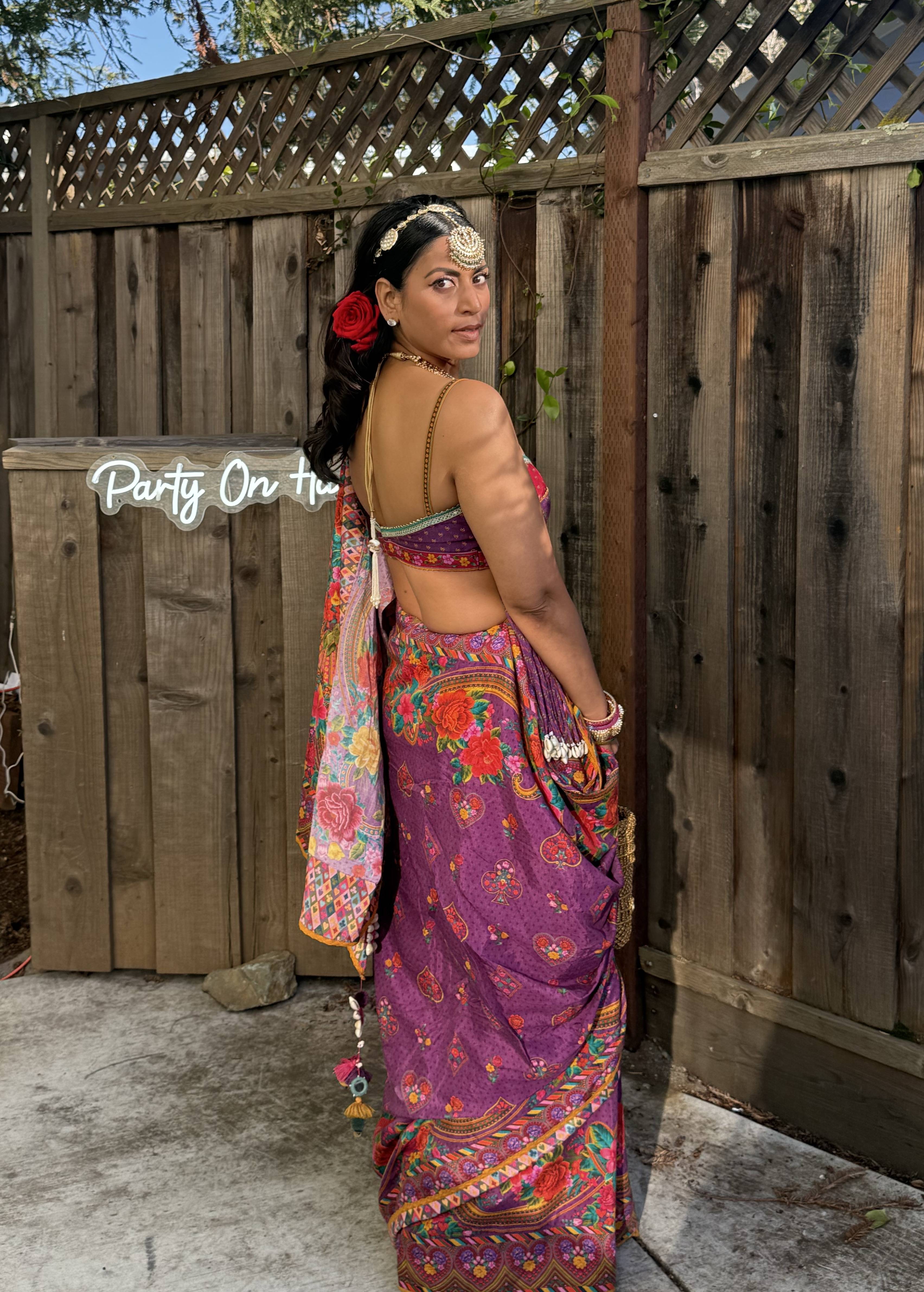 Purple Floral Printed Sari Image - 1