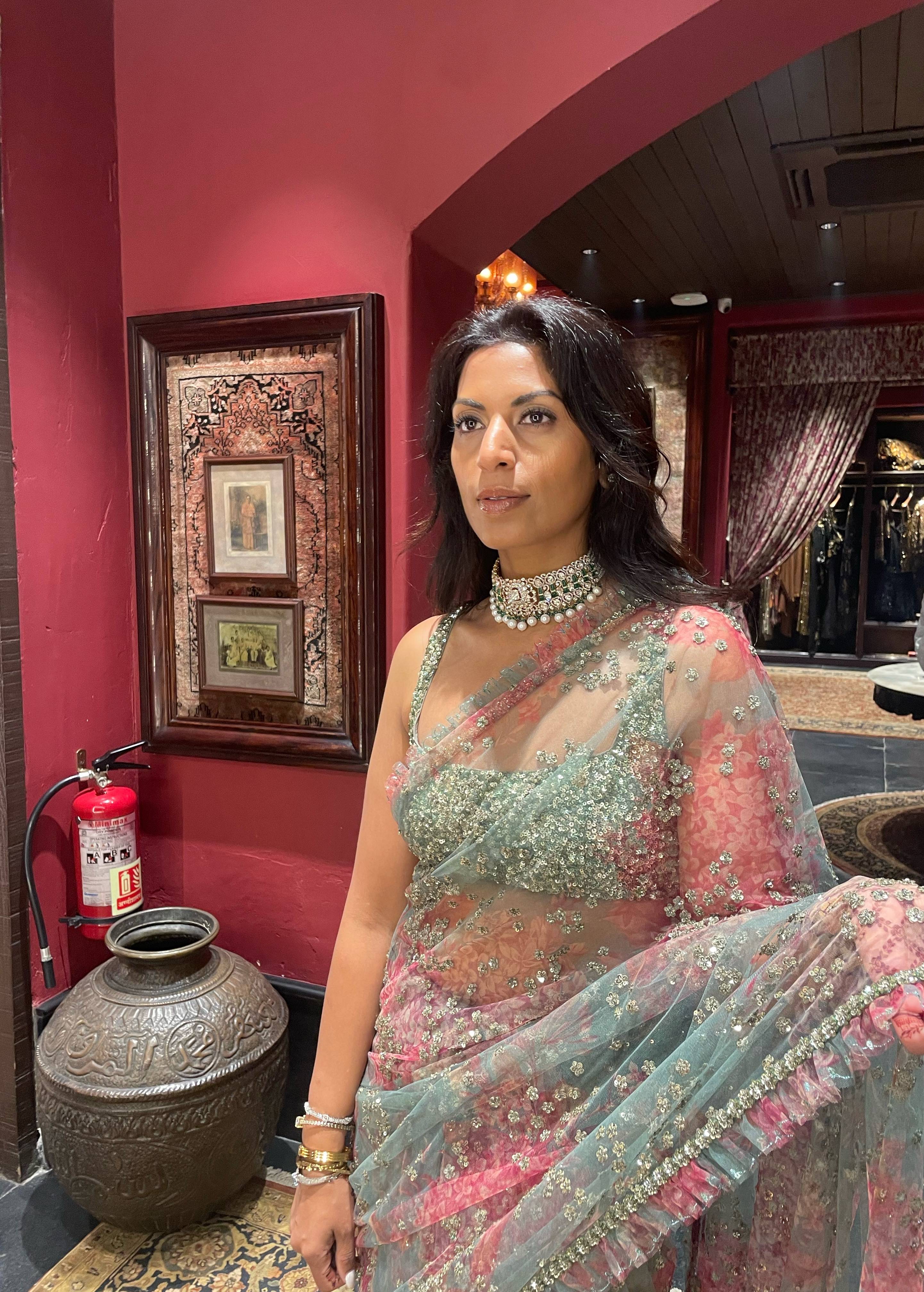 Sage Green Floral Net Sari Image - 3