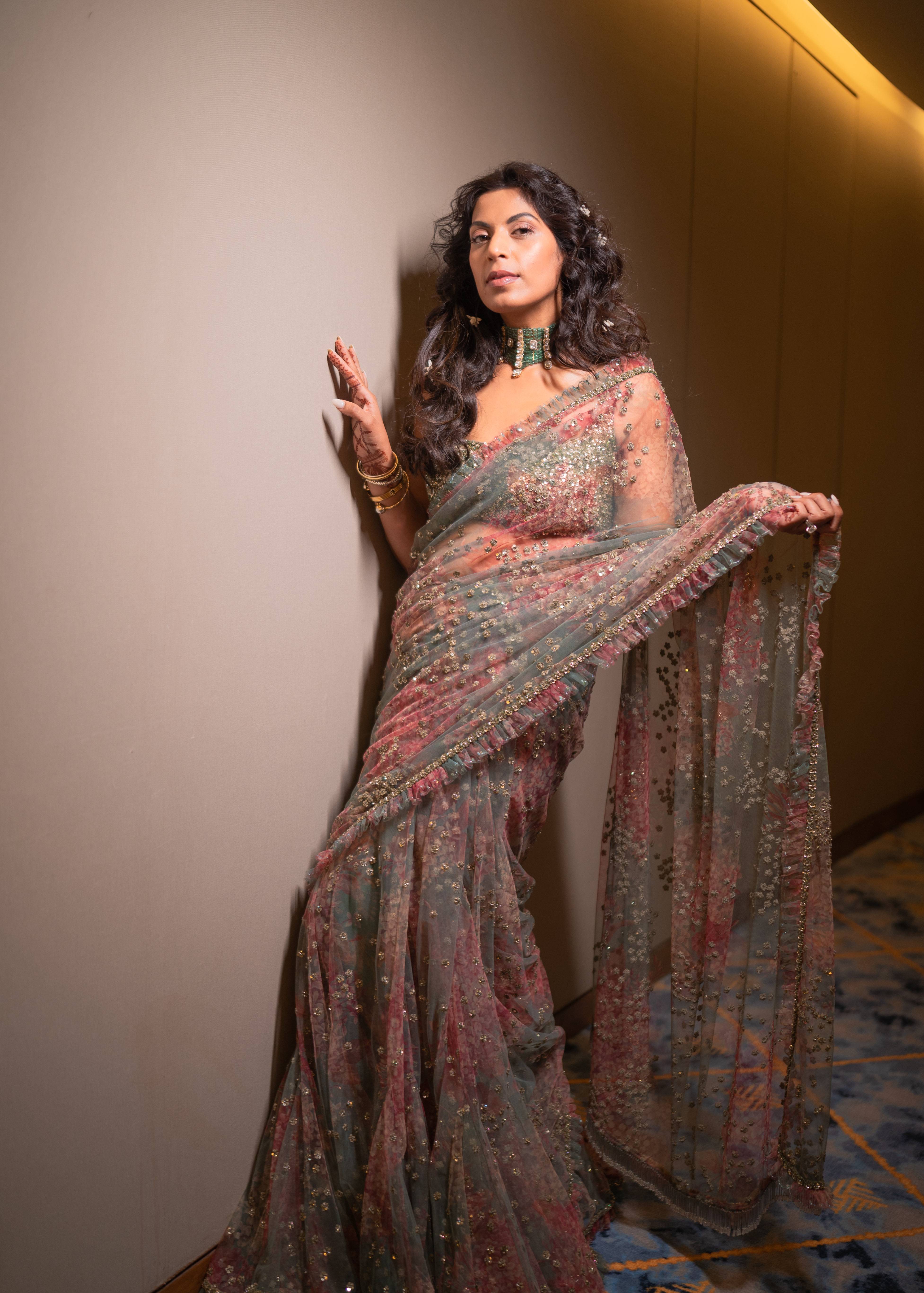 Sage Green Floral Net Sari Image - 2