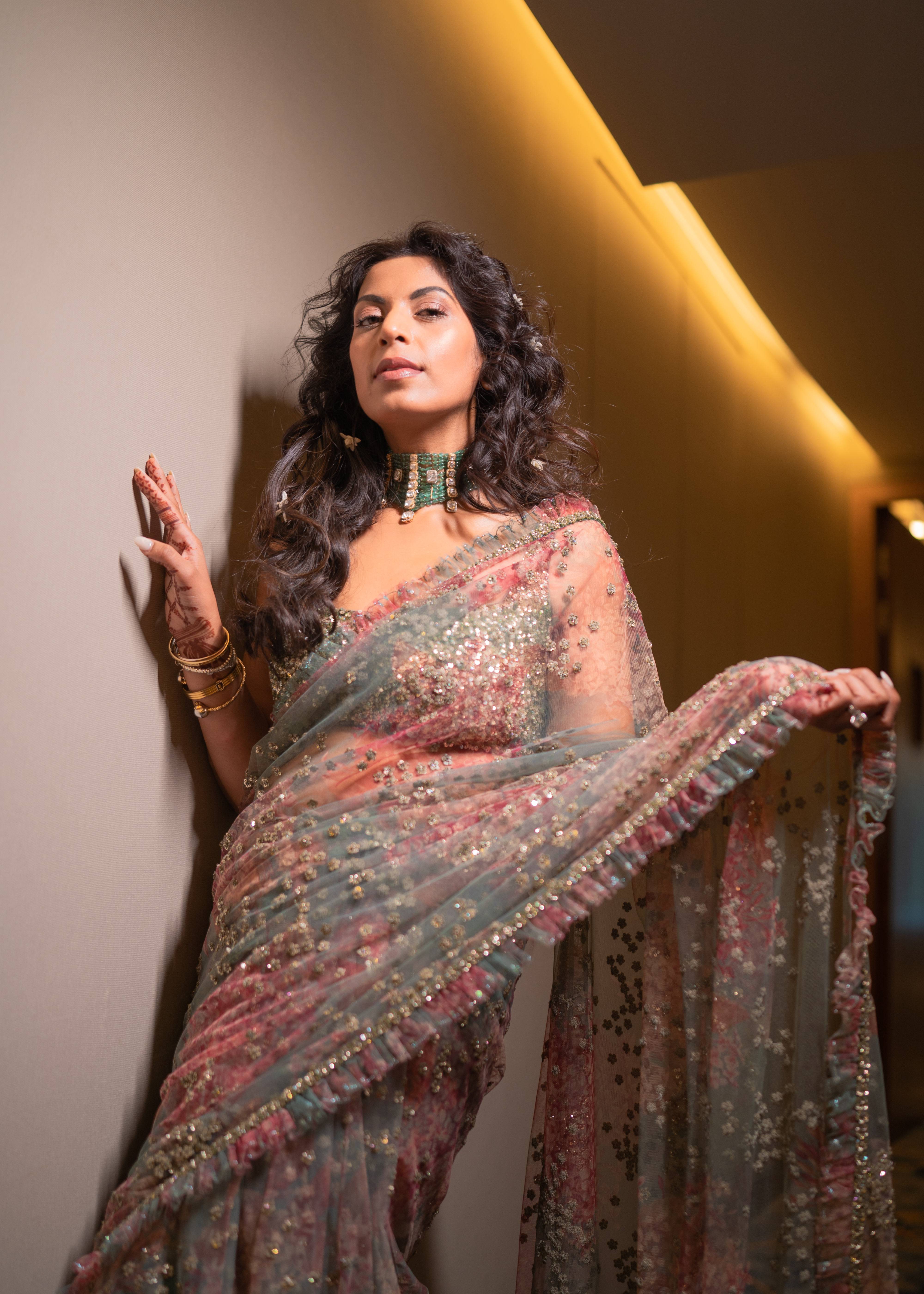 Sage Green Floral Net Sari Image - 1
