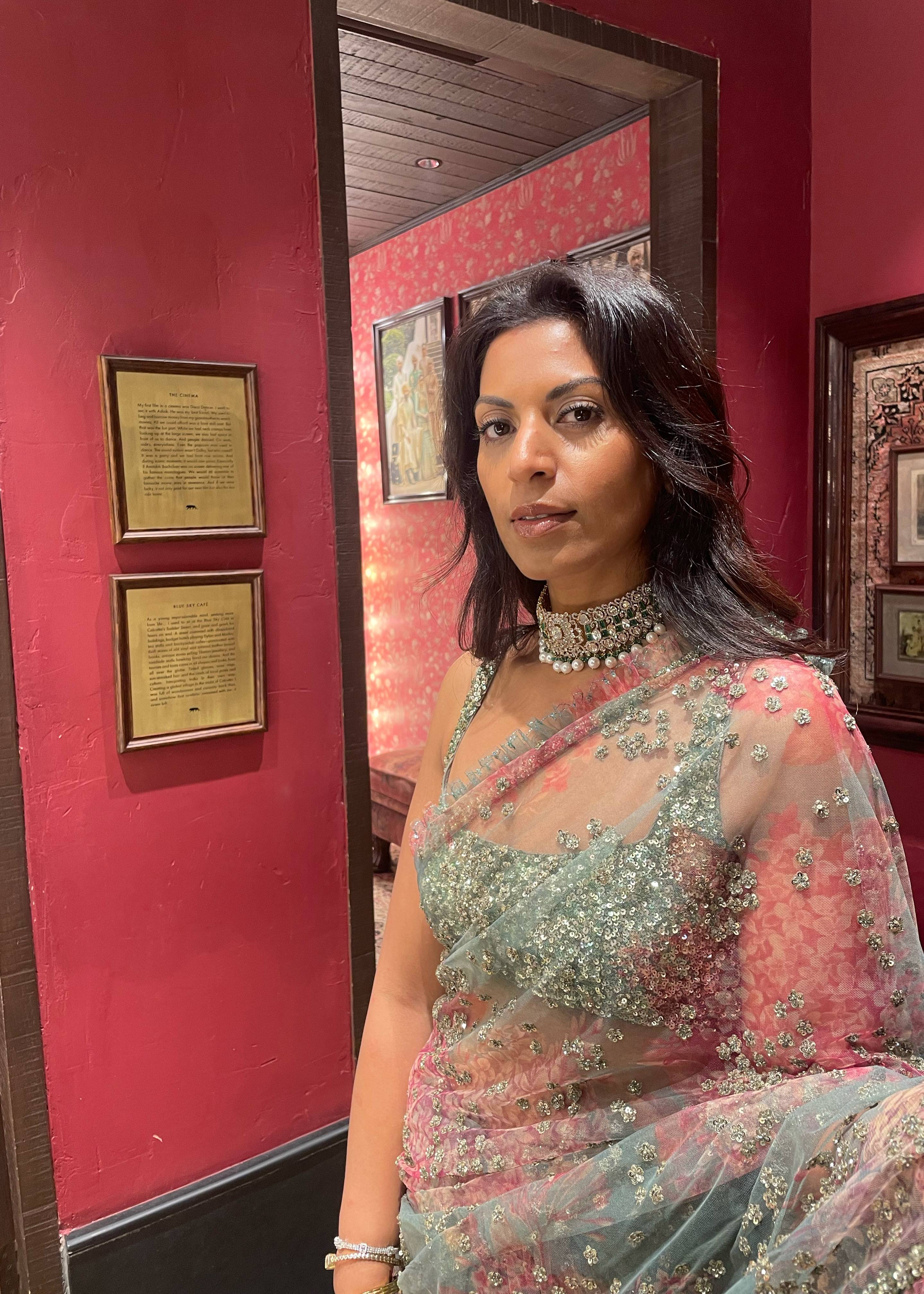 Sage Green Floral Net Sari Image - 5