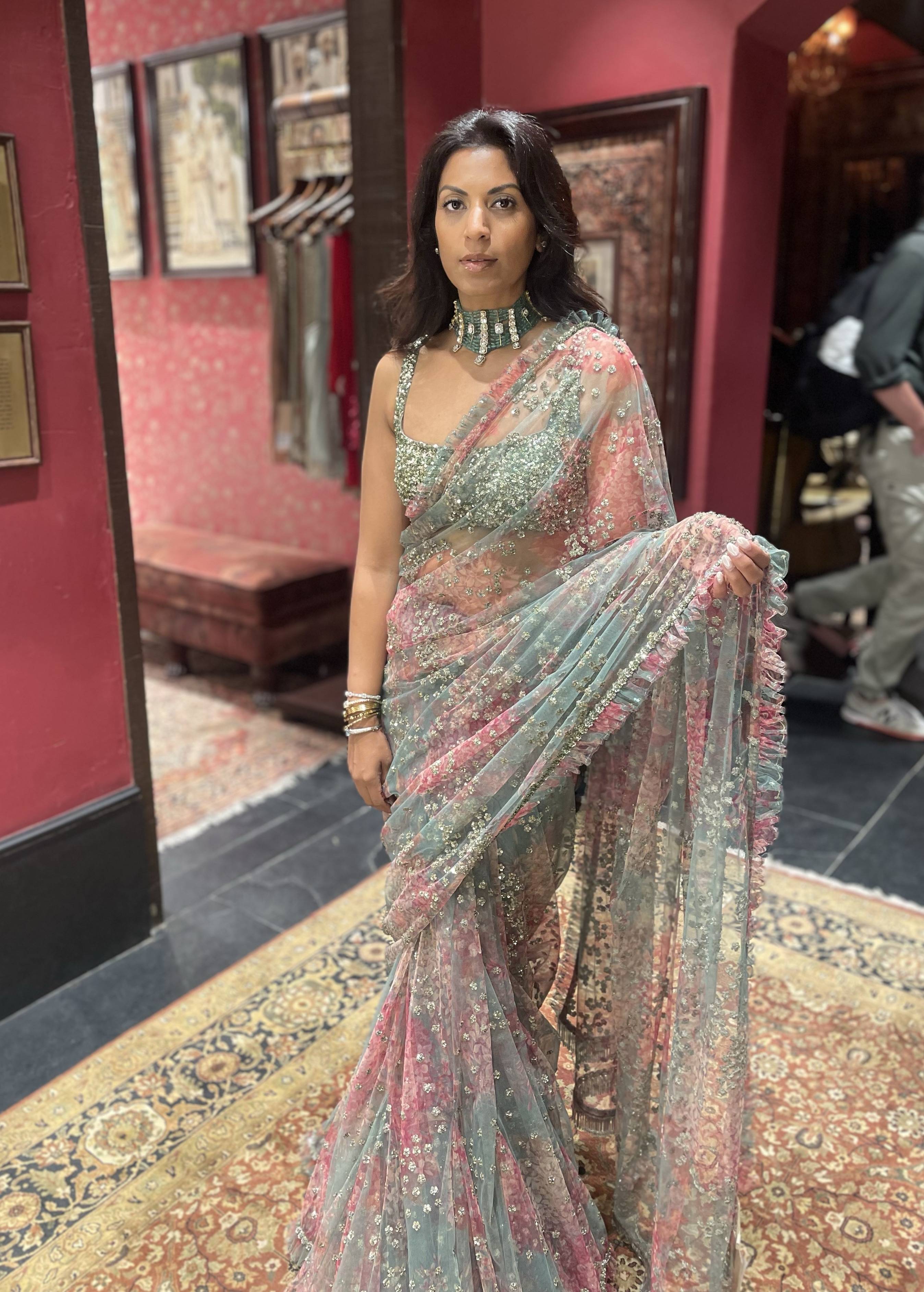 Sage Green Floral Net Sari Image - 4
