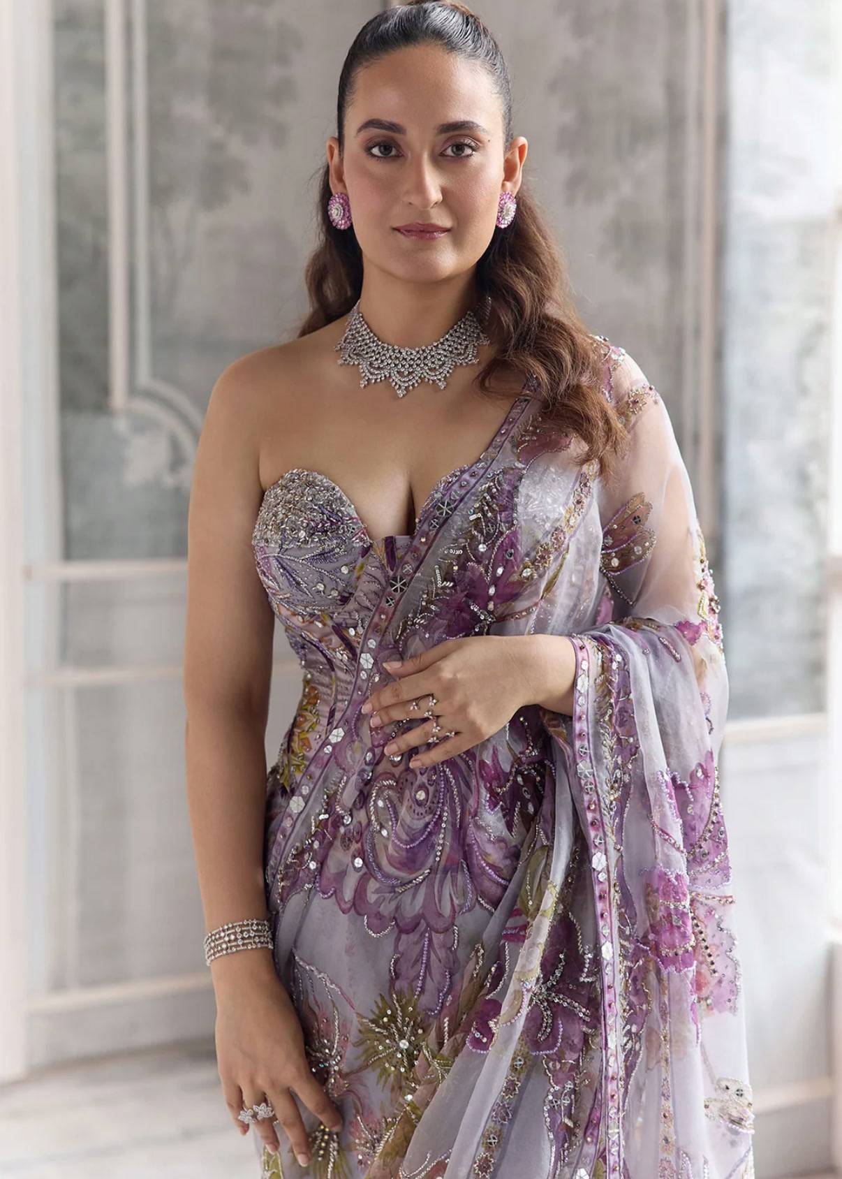 Lilac Floral Embroidered Sari Image - 1