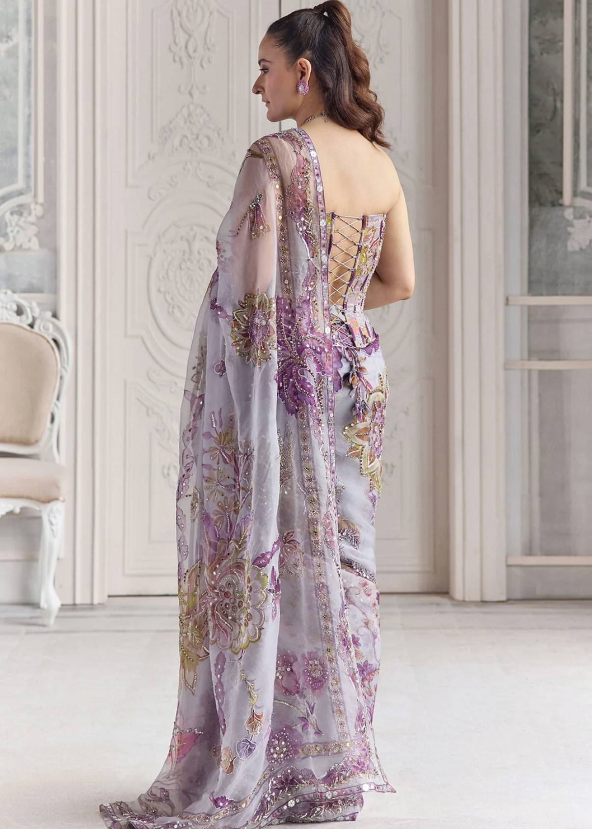 Lilac Floral Embroidered Sari Image - 2