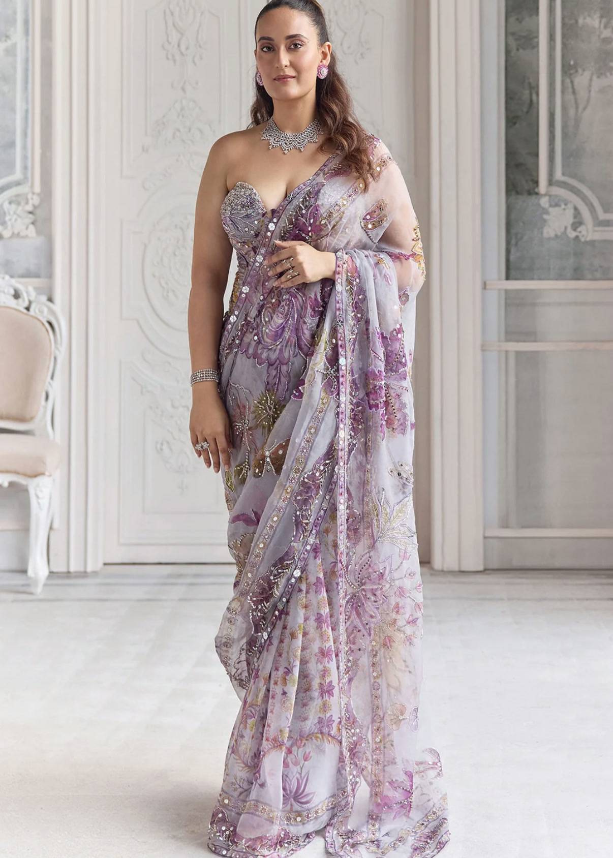 Lilac Floral Embroidered Sari Image - 0