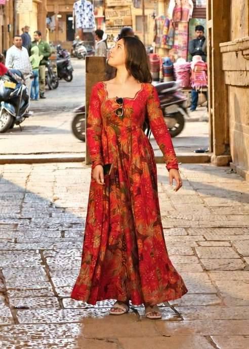Red Floral Printed Anarkali Gown Image - 0
