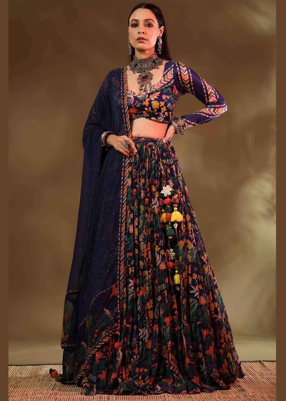 Navy Multicolour Printed Lehenga Set Image - 0