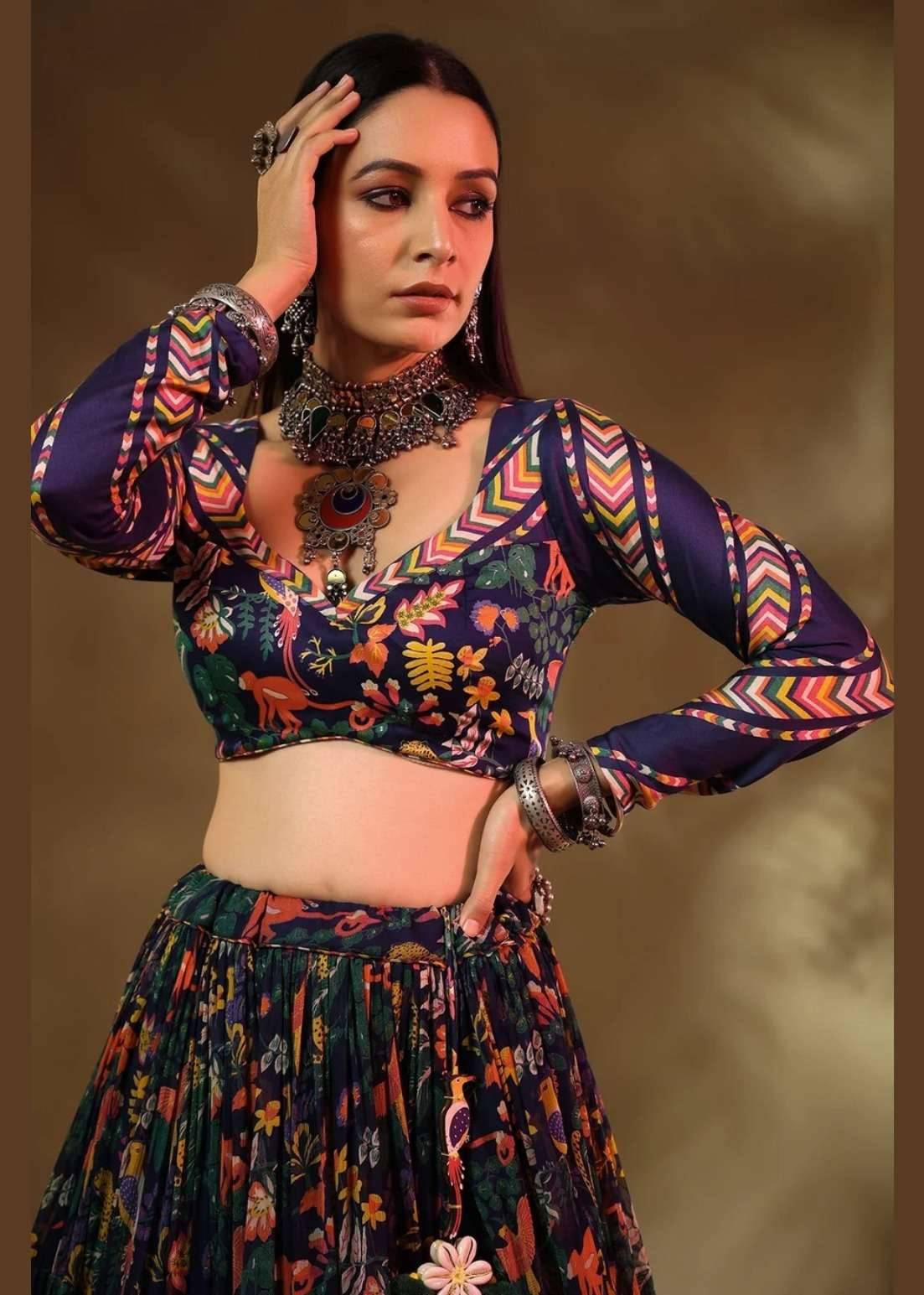 Navy Multicolour Printed Lehenga Set Image - 1