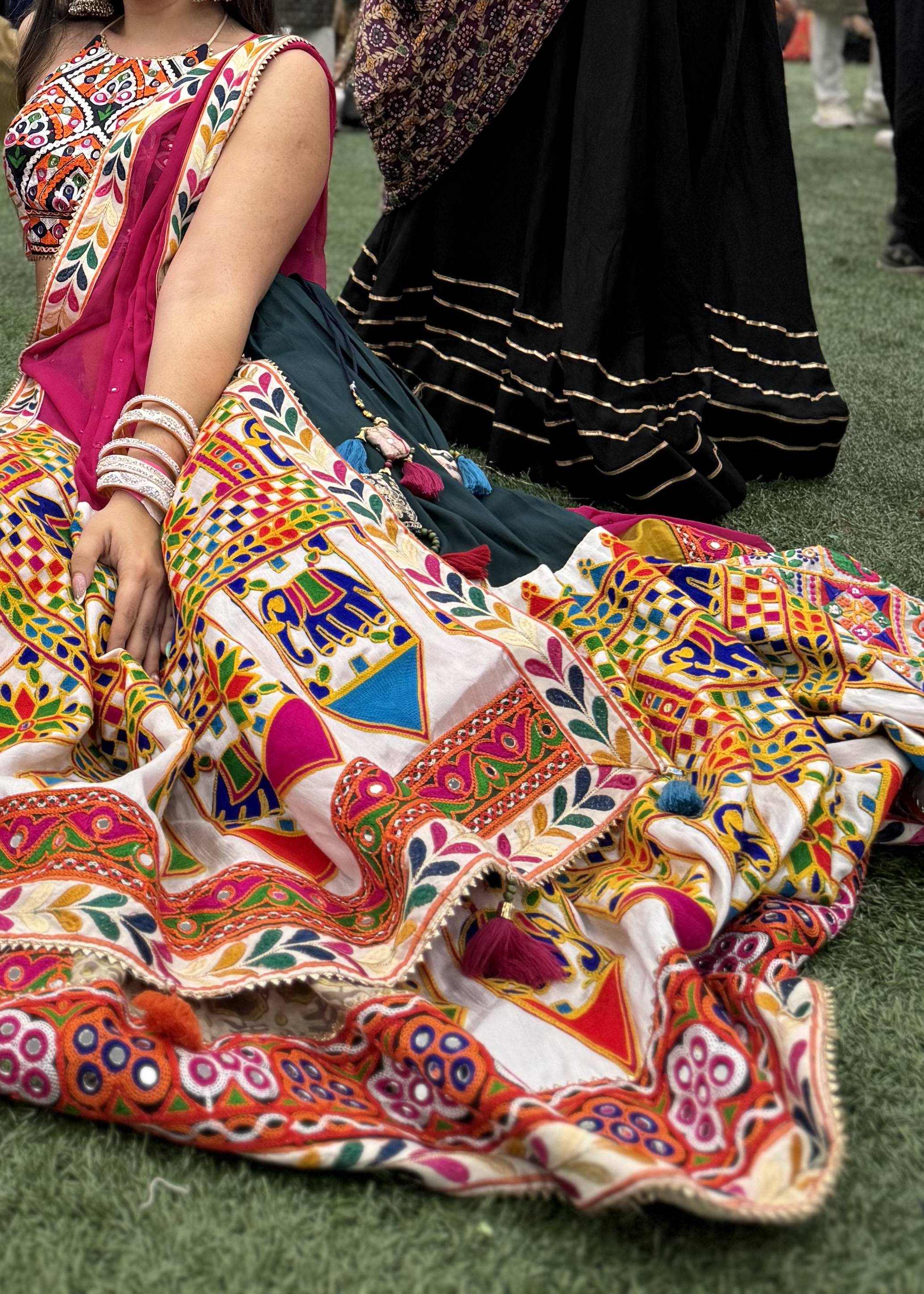 Teal and Ivory Kutch Embroidered Garba Lehenga Image - 1