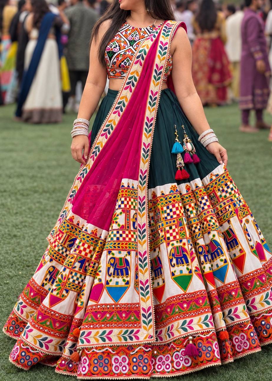Teal and Ivory Kutch Embroidered Garba Lehenga Image - 0
