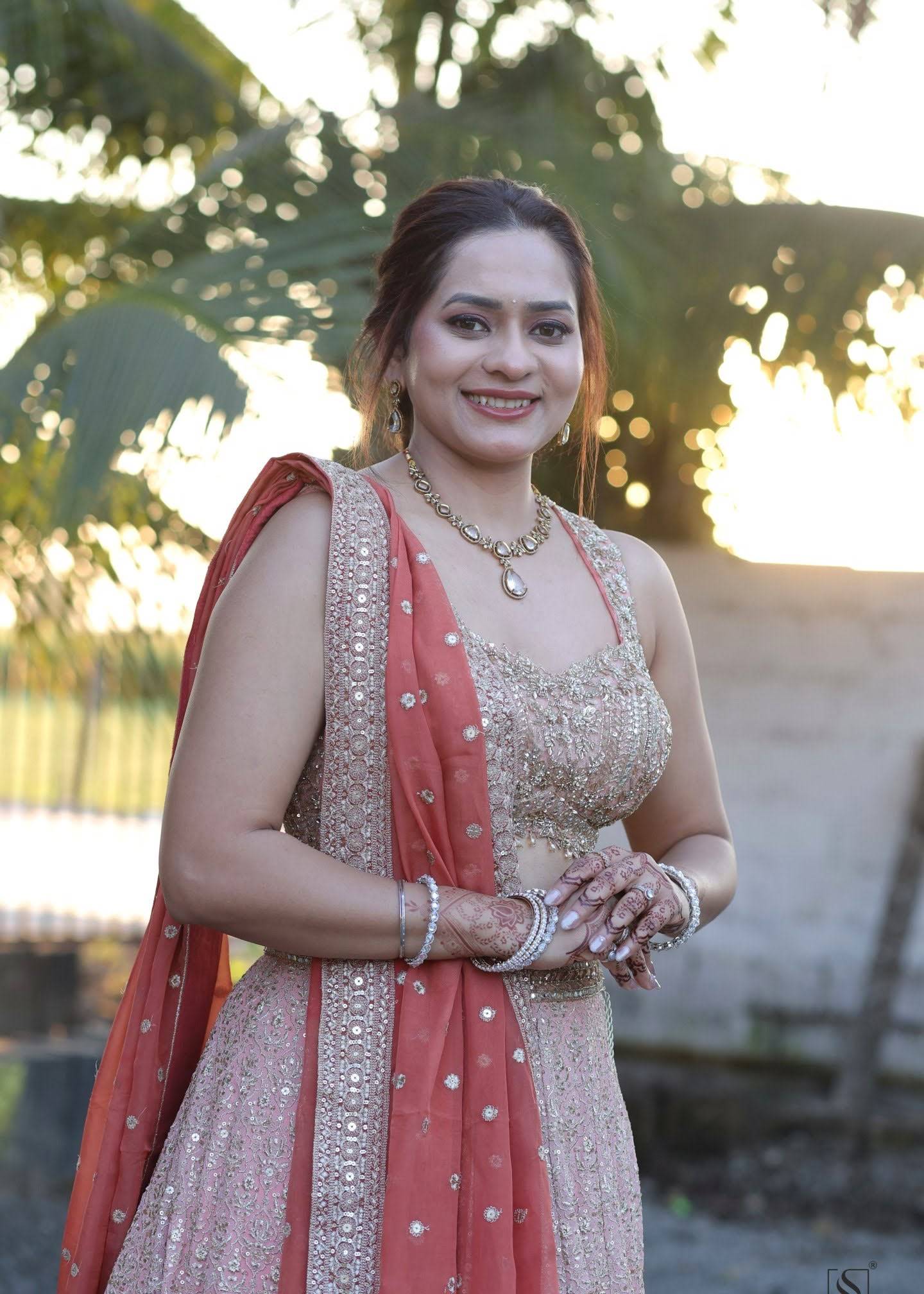 Blush Embroidered Lehenga with Coral Dupatta Image - 1